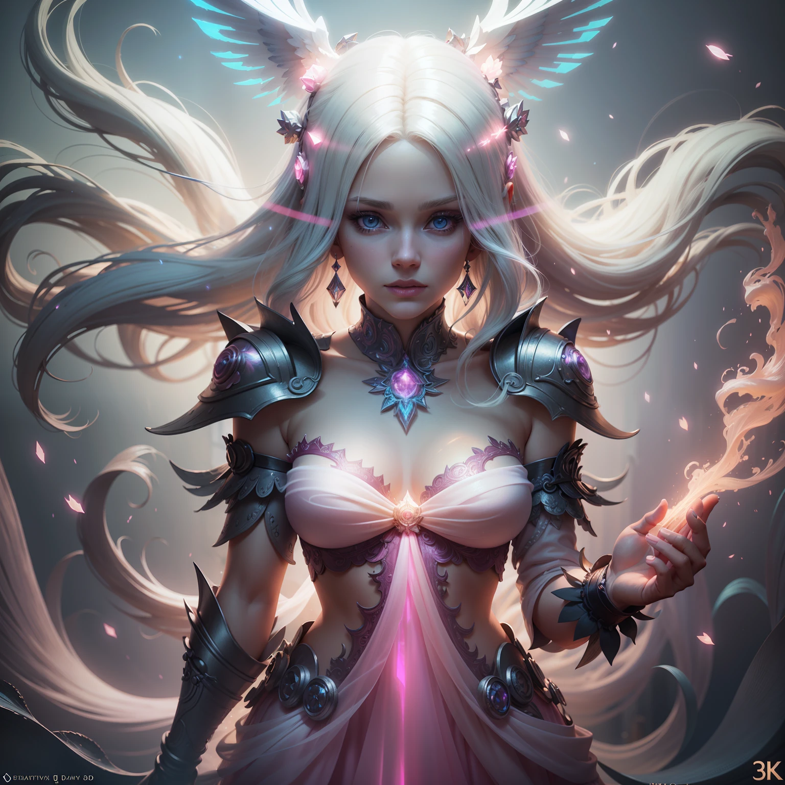 blond woman with white hair and glowing lights in a pink dress, beautiful digital artwork, fantasy gorgeous lighting, gorgeous digital art, stunning digital illustration, digital fantasy art ), 3 d render character art 8 k, a stunning young ethereal figure, 4k highly detailed digital art, ethereal fantasy, very beautiful digital art, beautiful digital art, fantasy digital art, digital fantasy art