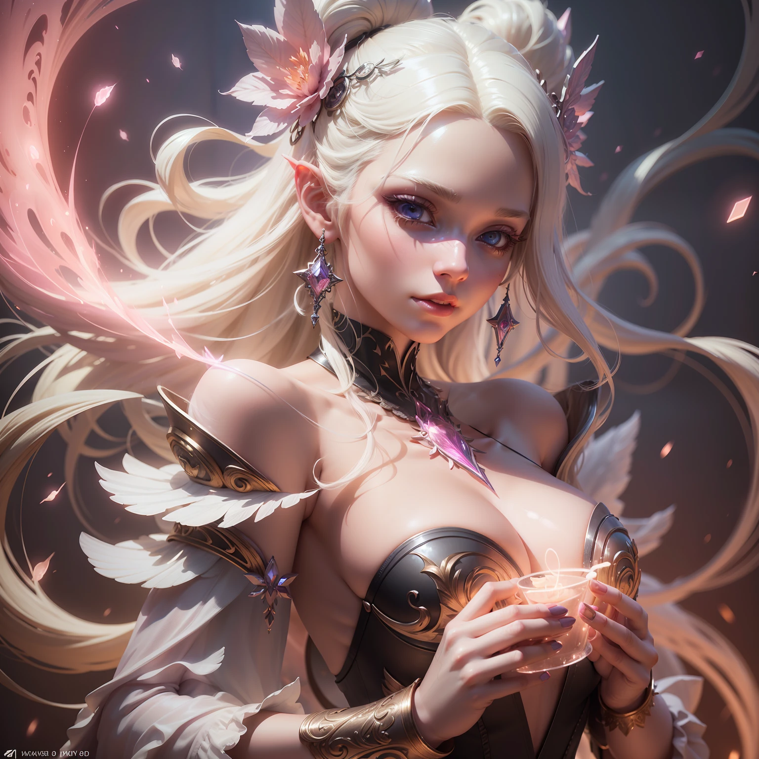 blond woman with white hair and glowing lights in a pink dress, beautiful digital artwork, fantasy gorgeous lighting, gorgeous digital art, stunning digital illustration, digital fantasy art ), 3 d render character art 8 k, a stunning young ethereal figure, 4k highly detailed digital art, ethereal fantasy, very beautiful digital art, beautiful digital art, fantasy digital art, digital fantasy art