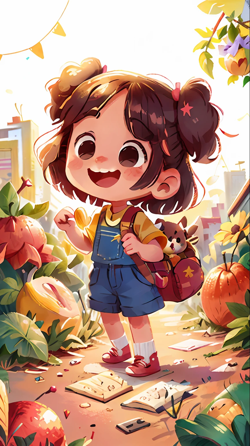 A beautiful happy and cheerful little girl goes with her dog to the city of beautiful fruits