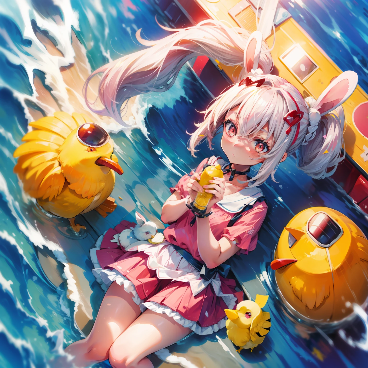 Pink clothes,Short skirt,Long double ponytail ,White hair,red color eyes,fake rabbit ears,Kizi,adolable,Seaside vacation,Cute yellow chicks