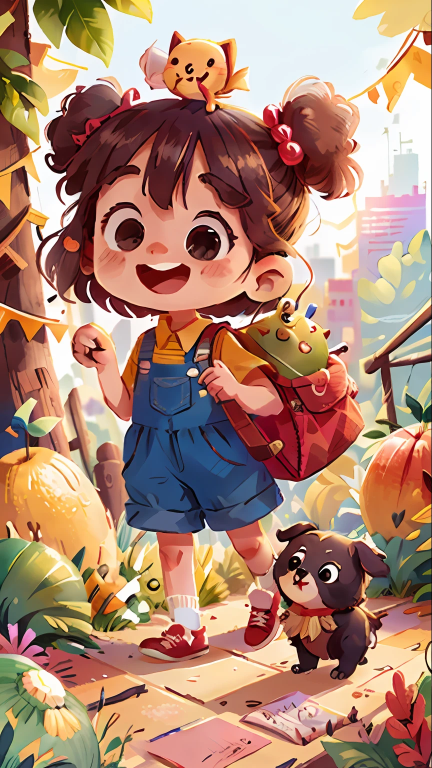 A beautiful happy and cheerful little girl goes with her dog to the city of beautiful fruits