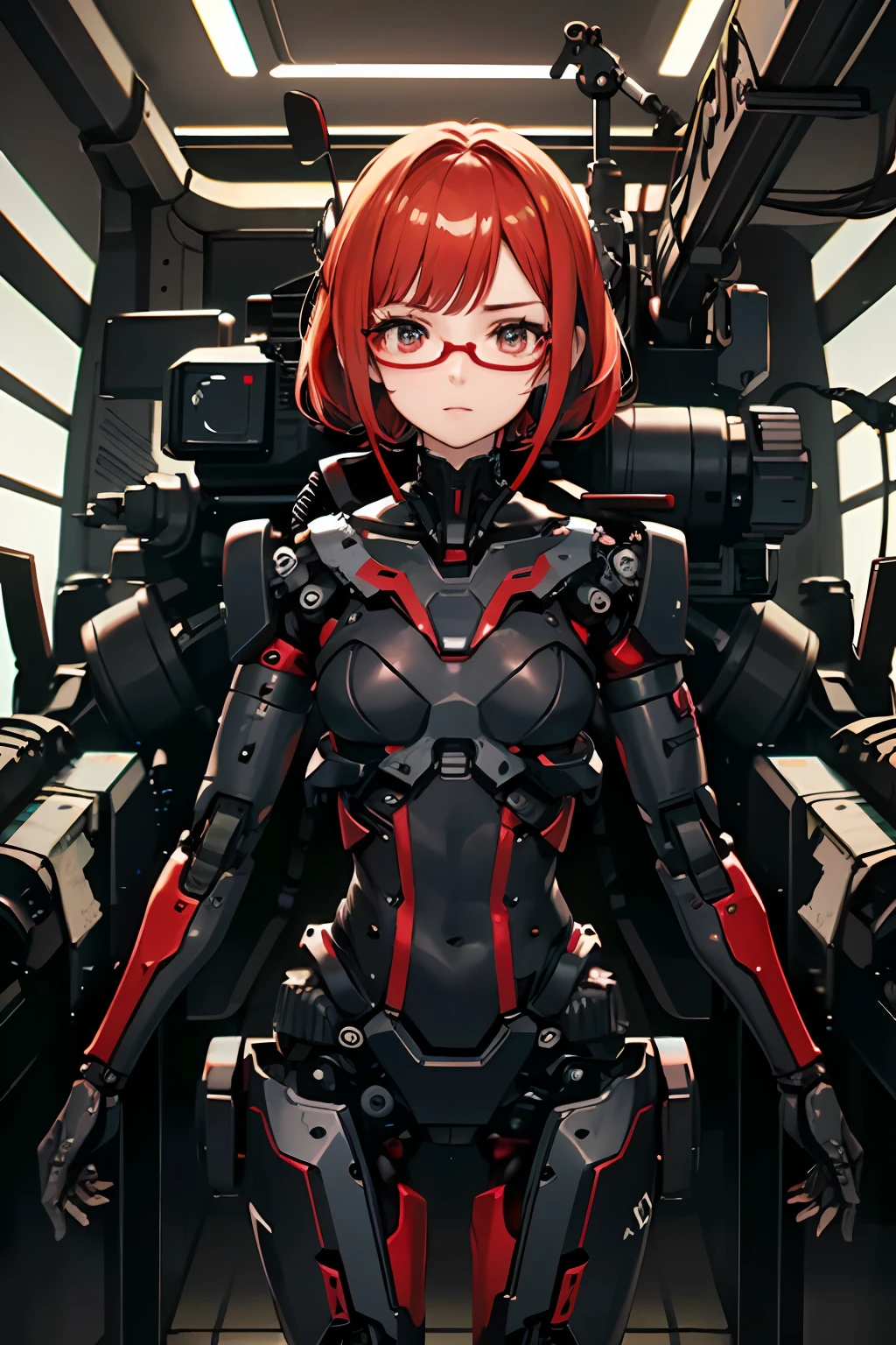 Top quality, masterpiece, intricate details, super detailed, highly detailed 8K wallpaper,((red-framed)) (under-rim) glasses, 
red eyes,(()), [forehead], asymmetrical bangs,red hair, [[[short]]] hair, machine girl, (mechanical eye), in production, semi-made machine body, machine limbs, whole body, (removed mechanical limbs), fully mechanized of the lower body, working robot arm, cable connected to the head, cable connected to the body, electronic circuit, factory,