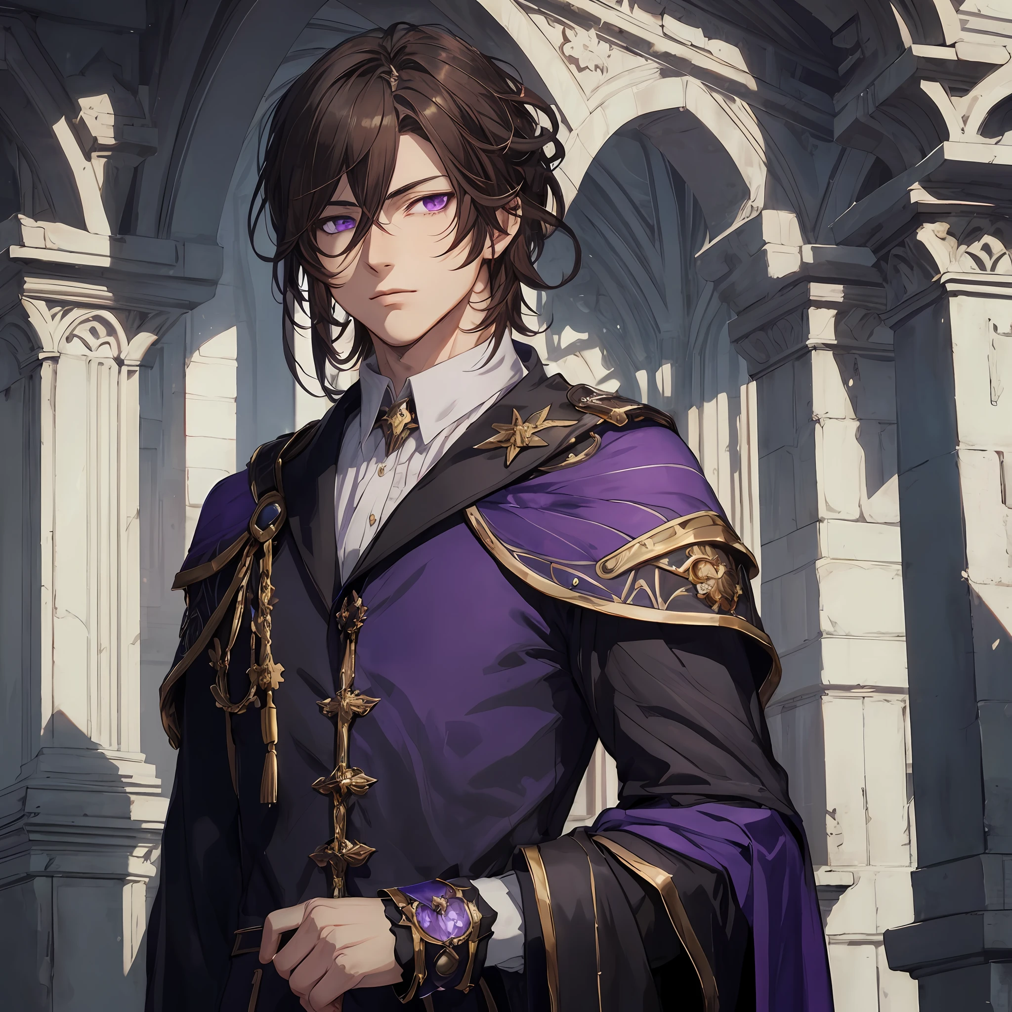 masterpiece, best quality, 1man, adult, male focus, solo, brown hair, medium hair, vibrant purple eyes, looking at viewer, closed mouth, Fantasy aesthetics, Highly detailed, shadowverse style, black mage commander attire