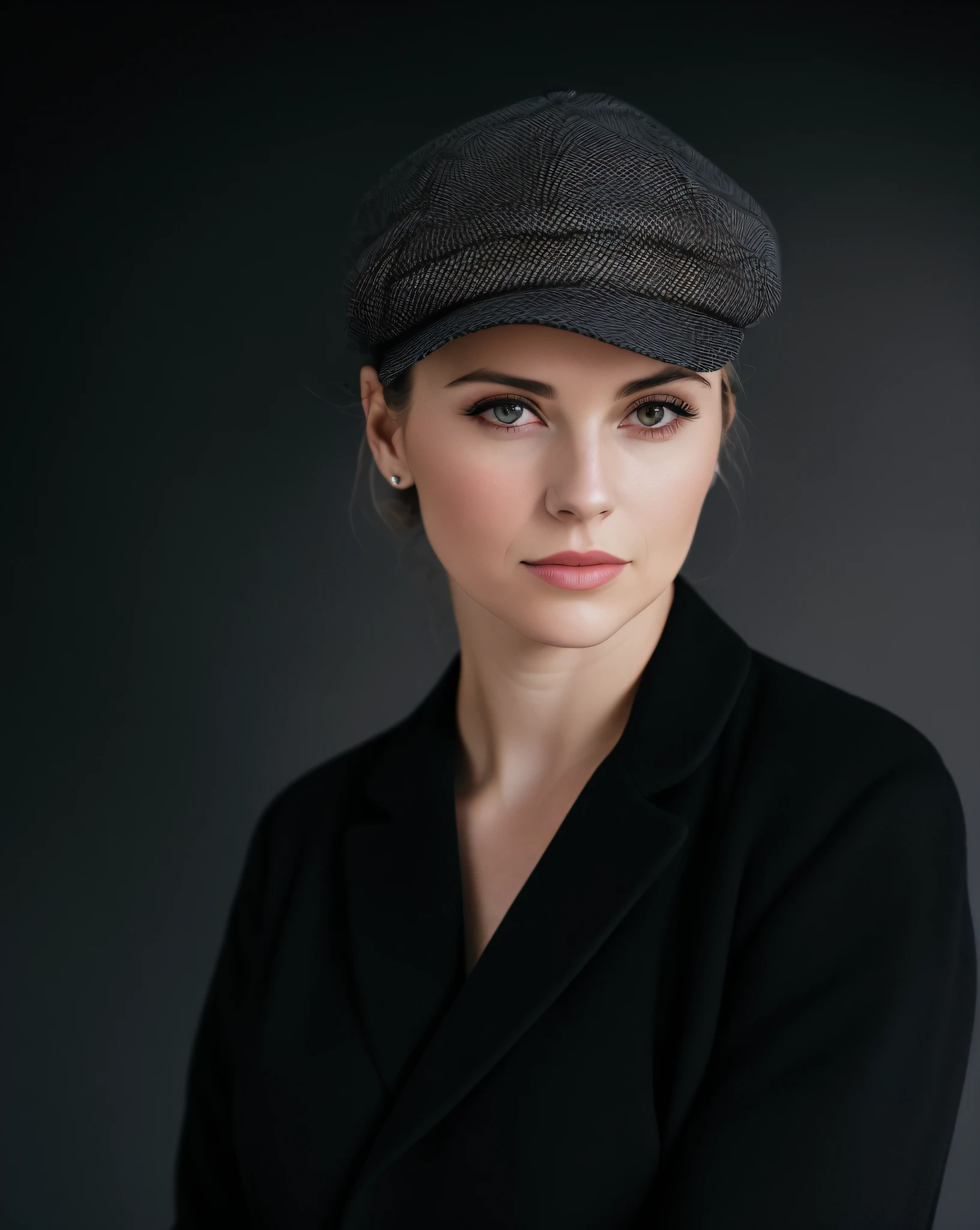 arafed woman in a black coat and hat posing for a picture, 7 0 mm portrait, 60mm portrait, high quality portrait, 50mm portrait, close up portrait photo, portrait fashion model, fashion portrait, sharp looking portrait, 1 3 5 mm nikon portrait, portrait of a beautiful model, wearing newsboy cap, editorial portrait, fine art portrait photography
