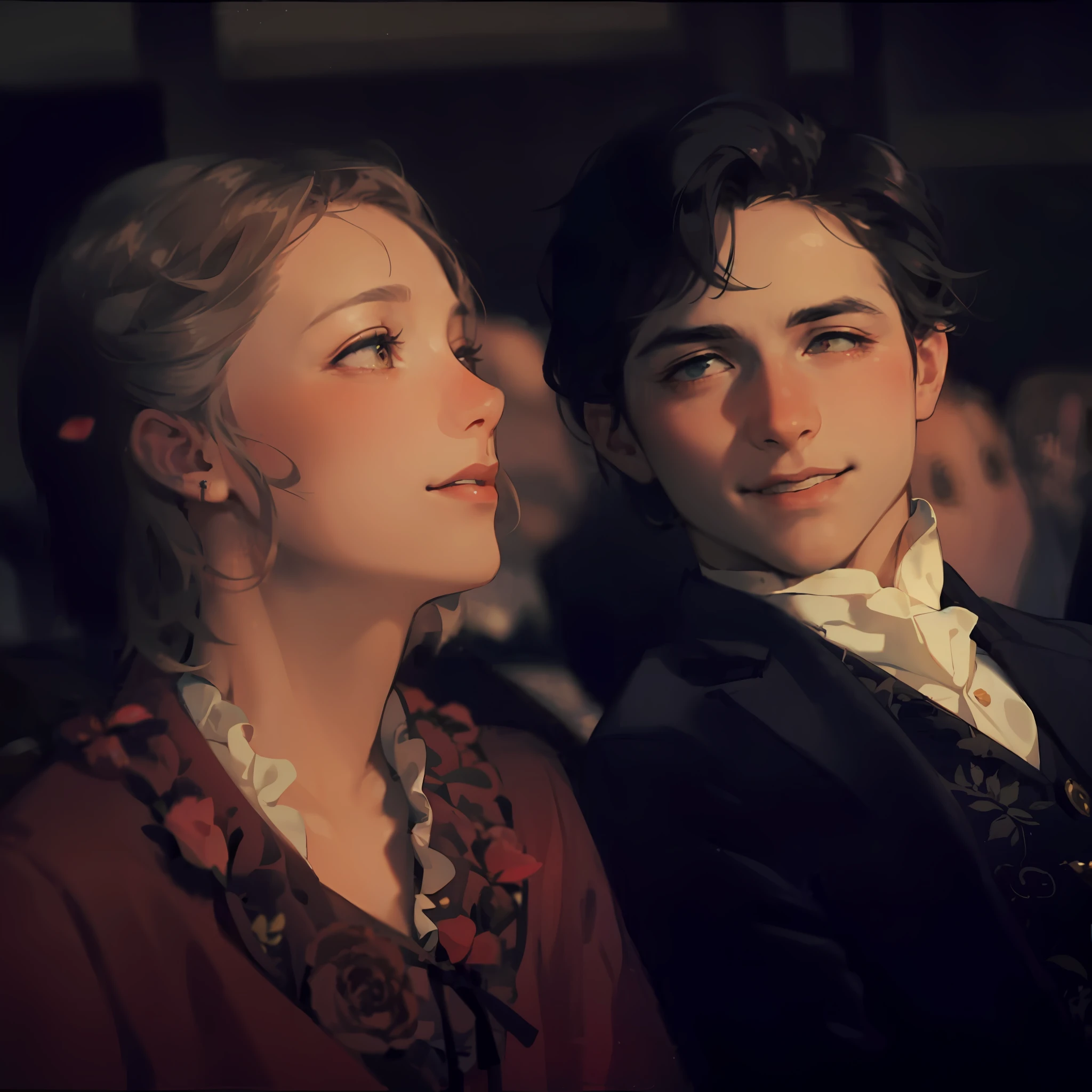 "Detailed 4K artwork featuring a romantic and affectionate couple captured in a timeless era. Their love exudes warmth and tenderness, accompanied by delicate details that evoke feelings of passion and romance. (Romantic atmosphere, embracing pose, soft lighting, vintage textures, rose petals, dusk atmosphere)."