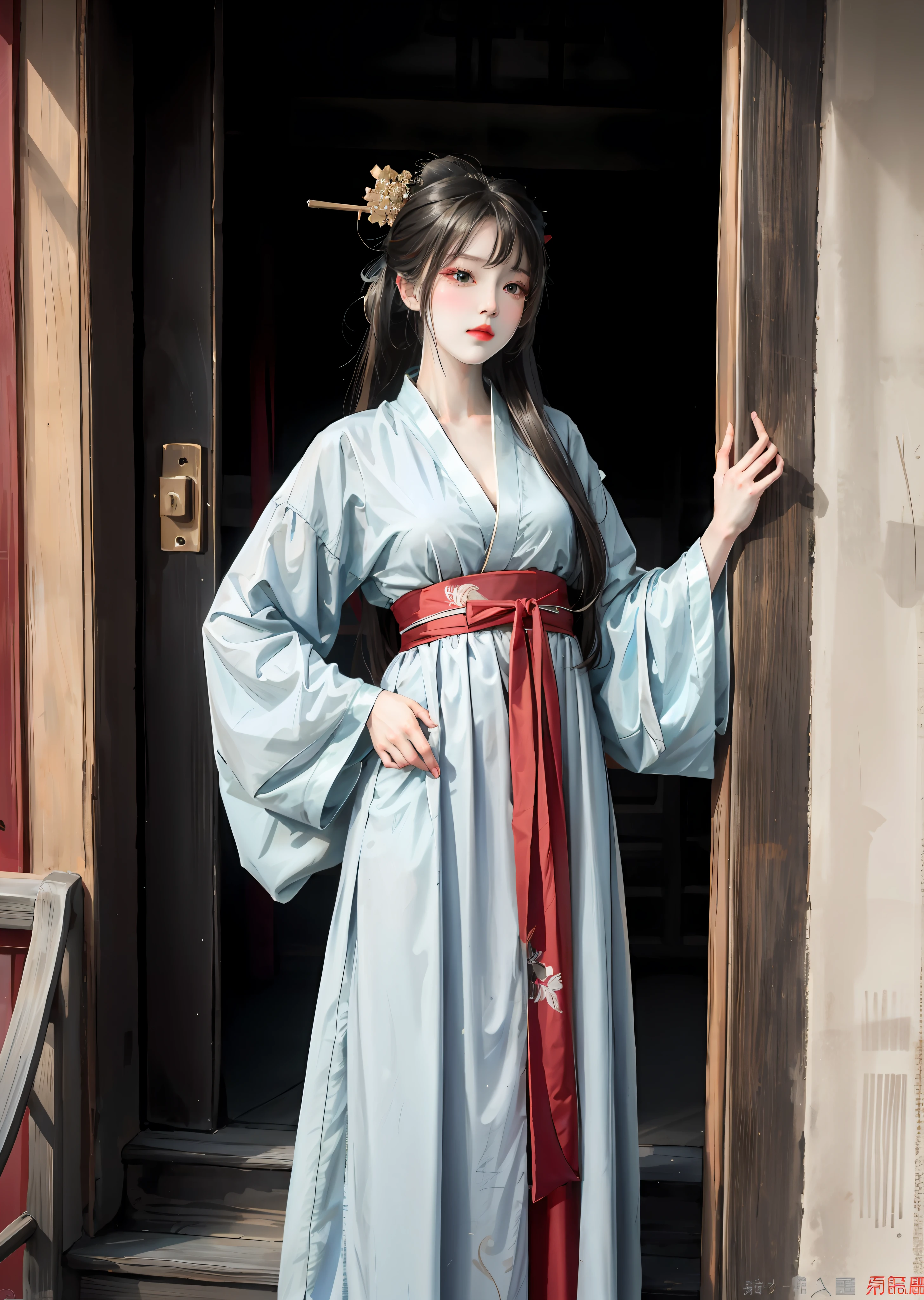 There is a woman posing for a photo in Hanfu, Expose large, Long bangs, eyes with brightness, with acient chinese clothes, Japanese clothes, Wearing ancient Chinese clothes, Palace , A girl in Hanfu, Traditional Chinese clothing, pale and coloured kimono, Chinese costume, traditional geisha clothing