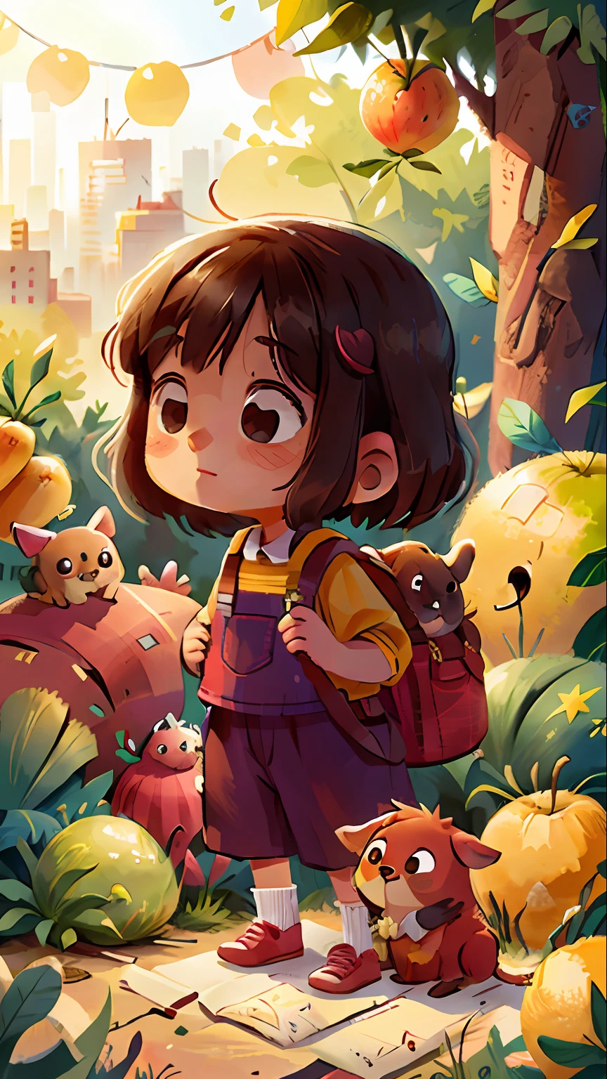 A beautiful little girl with her dog go to the city of fruits