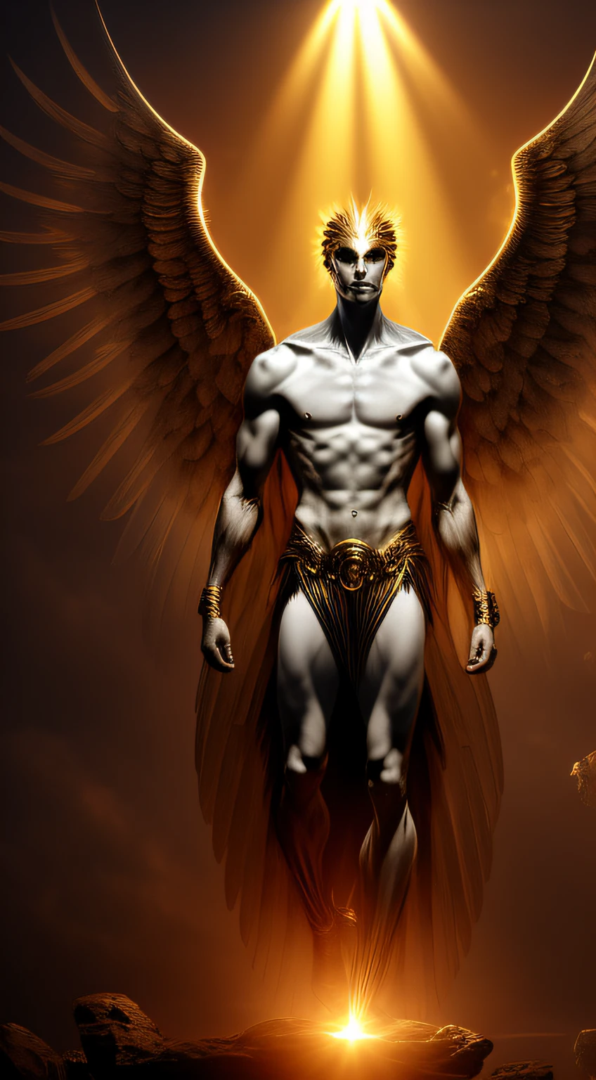 a male angel, with beams of light enveloping his body, his feathery wings are spread out, a golden (halo:1.2) over his head, muscular, beard, masculine, dark, horror, masterpiece, best quality, intricate detail, absurdres, DREAD, chromatic aberration, depth of field, soft lighting, tone mapped, highly detailed, concept art, smooth, sharp focus, dramatic lighting, highly detailed artwork, cinematic, 8K, incredible shadows, (highly detailed background:1.0)