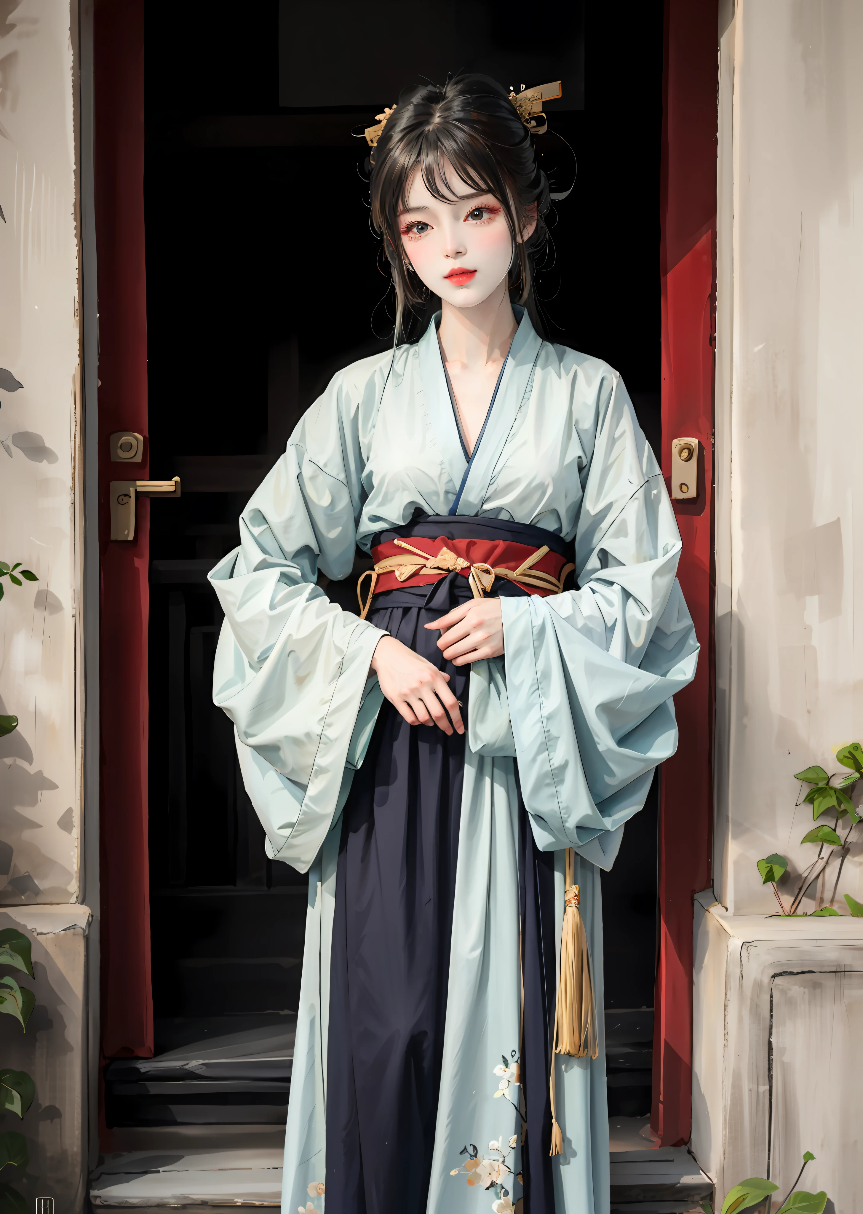 There is a woman posing for a photo in Hanfu, Expose large, Long bangs, eyes with brightness, with acient chinese clothes, Japanese clothes, Wearing ancient Chinese clothes, Palace , A girl in Hanfu, Traditional Chinese clothing, pale and coloured kimono, Chinese costume, traditional geisha clothing