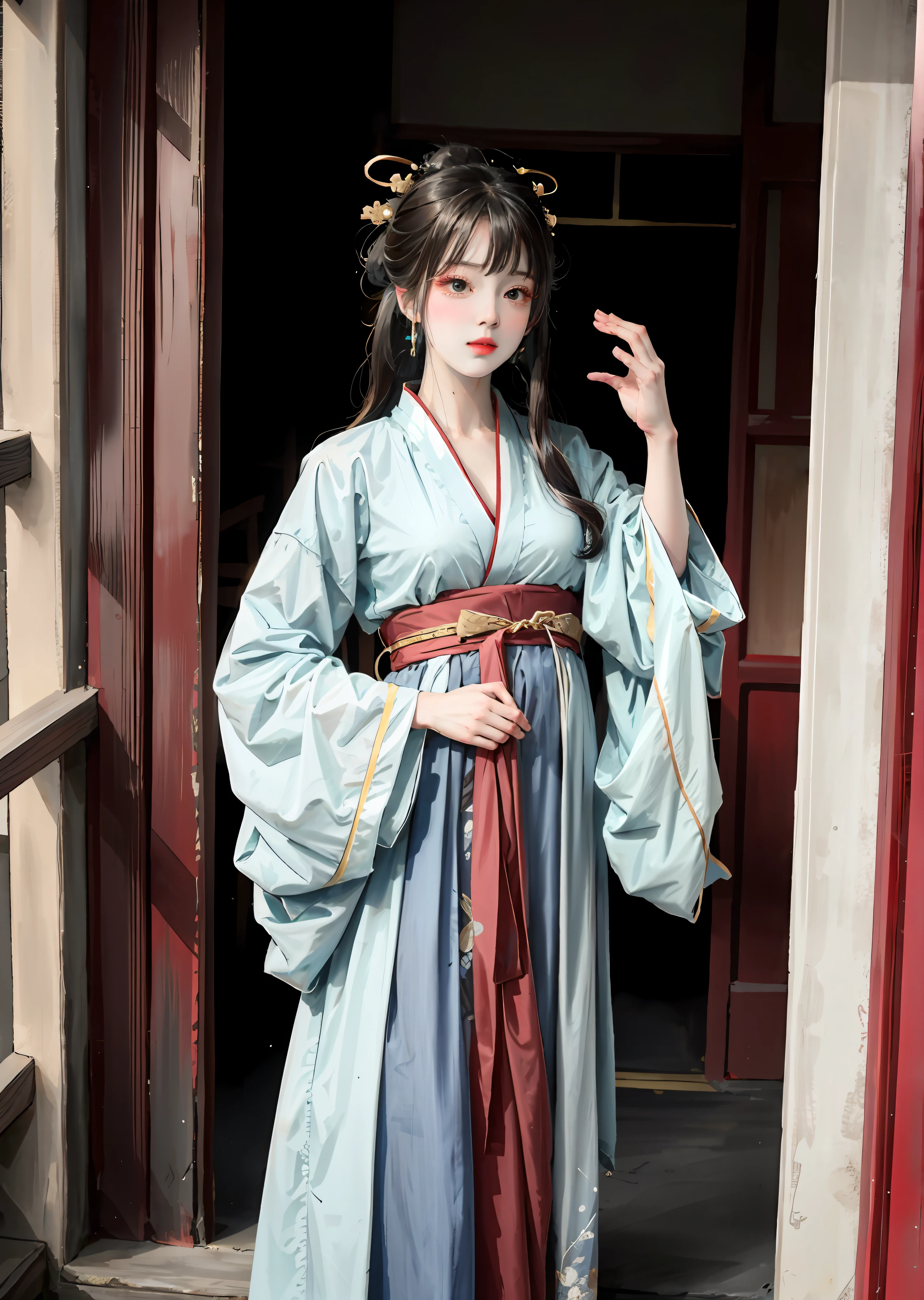 There is a woman posing for a photo in Hanfu, Expose large, Long bangs, eyes with brightness, with acient chinese clothes, Japanese clothes, Wearing ancient Chinese clothes, Palace ， A girl in Hanfu, Traditional Chinese clothing, pale and coloured kimono, Chinese costume, traditional geisha clothing