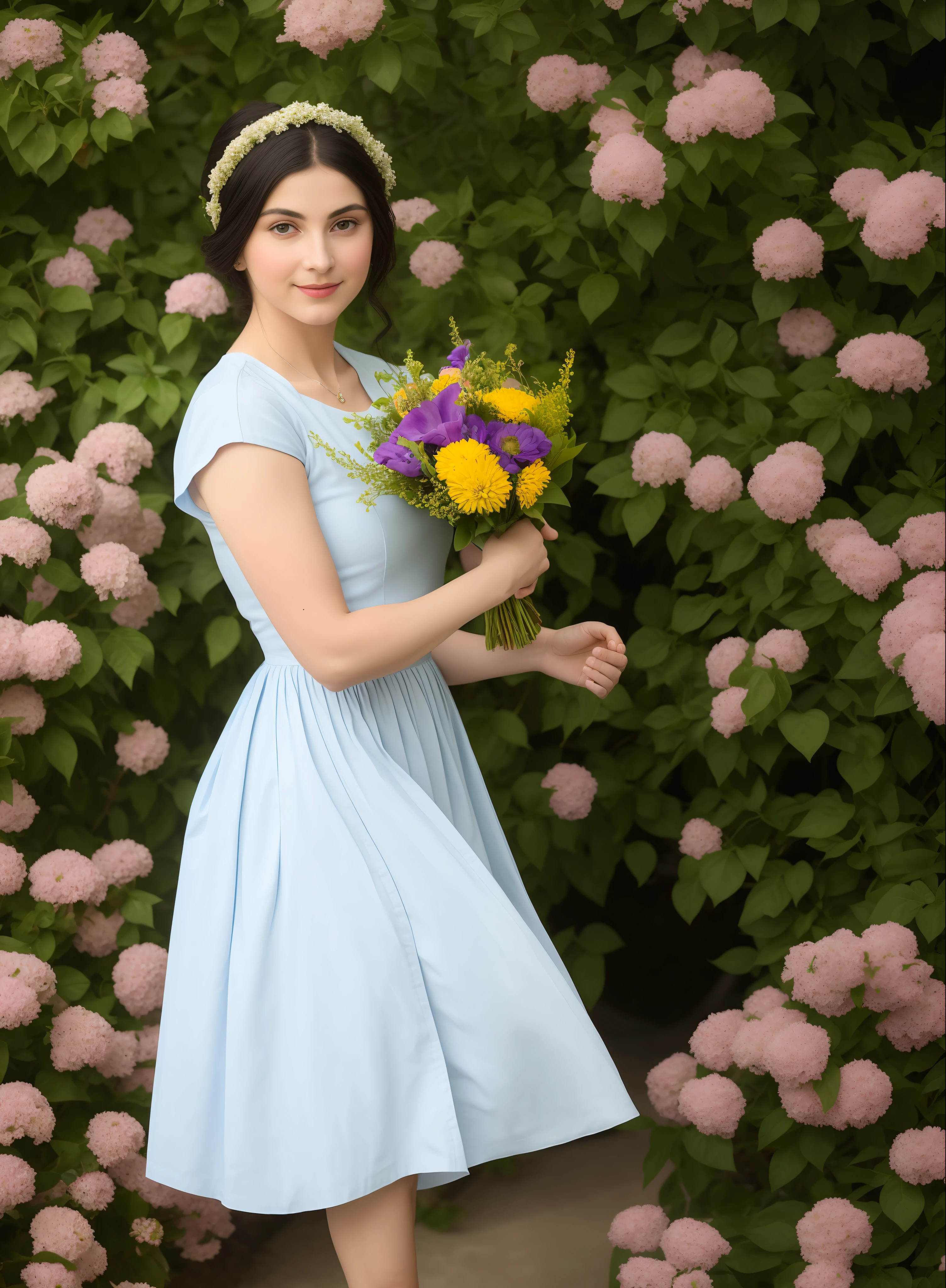 Masterpiece, award winning photography, photographic recreation of The Tambourine Girl by John William godward, inspired by paintings of John William godward, photoshoot style, recreation from famous painting, photoshoot ideas, realistic recreation from art, Full body shot, dslr, 4k, 8k, modelshoot ideas from famous paintings, canon, High quality, sharp image, epic details, open pose, posing inspired from paintings, only flower bouquet can be seen in hand of the model