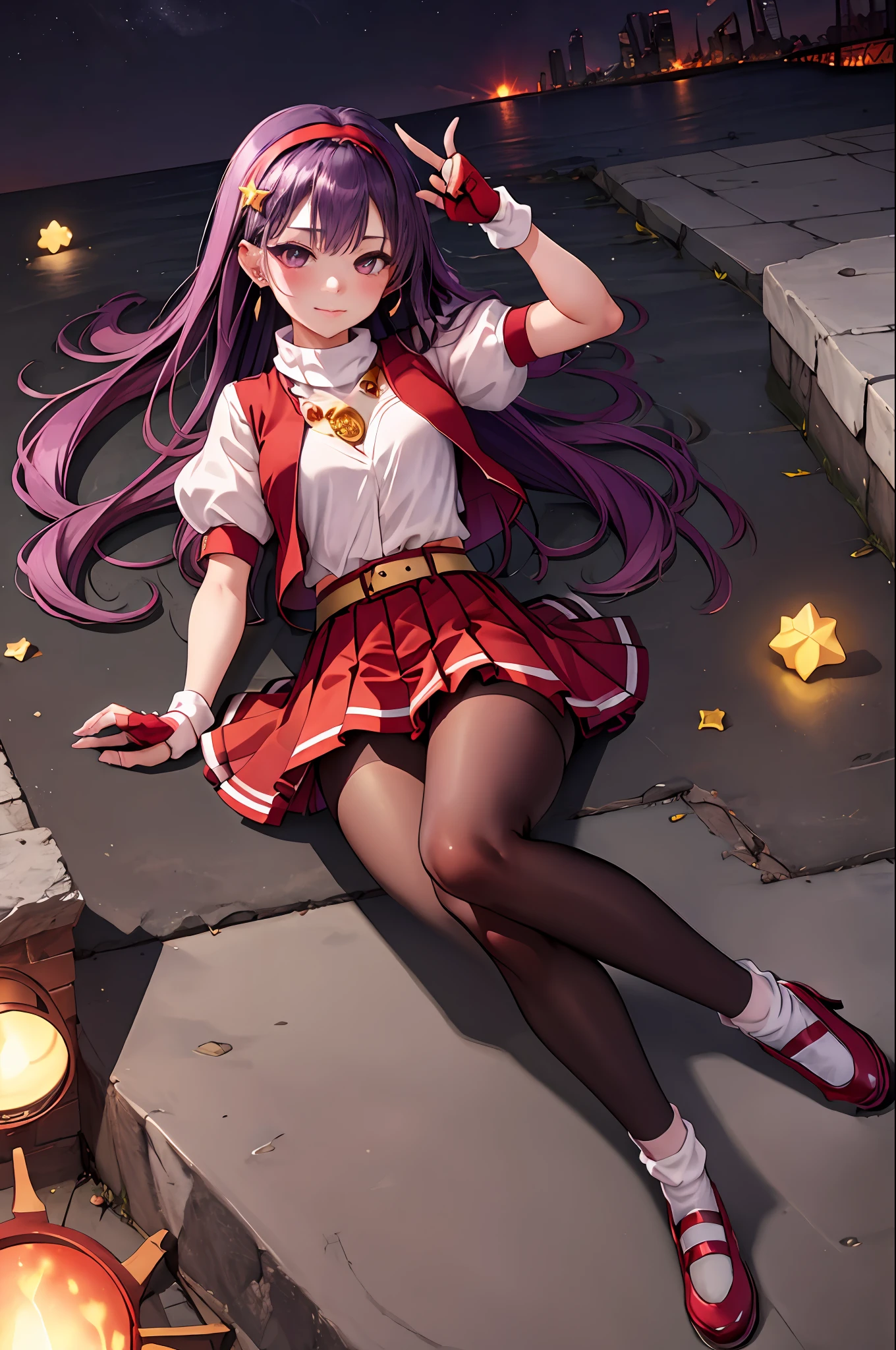 (masterpiece, top quality, best quality, official art, beautiful and aesthetic:1.2), (1girl:1.3), (fractal art:1.3),
solo, athena97,
red shoes,(white socks:1.3),red pantyhose,
purple eyes, purple hair, long hair,red hairband, white turtleneck,white puffy sleeves,red pleated skirt,yellow belt,puple spherical necklace,red fingerless gloves,red open vest,
star hair ornament, earrings
medium breats,short sleeves,lying, crossed legs,
outdoors,city background,closed mouth,