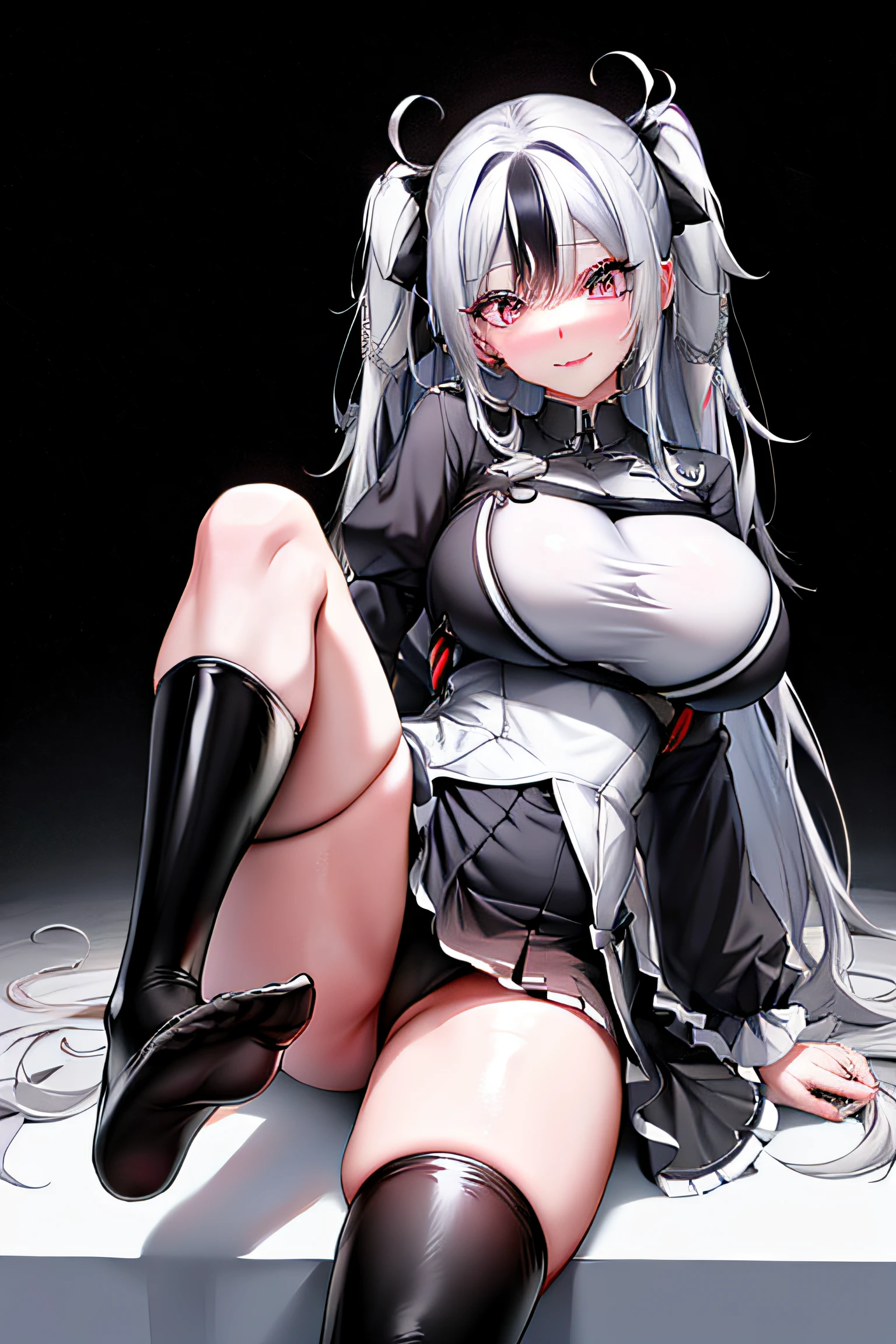 anime big breast,black lence stockings,Feet to the audience,校服,white color hair。