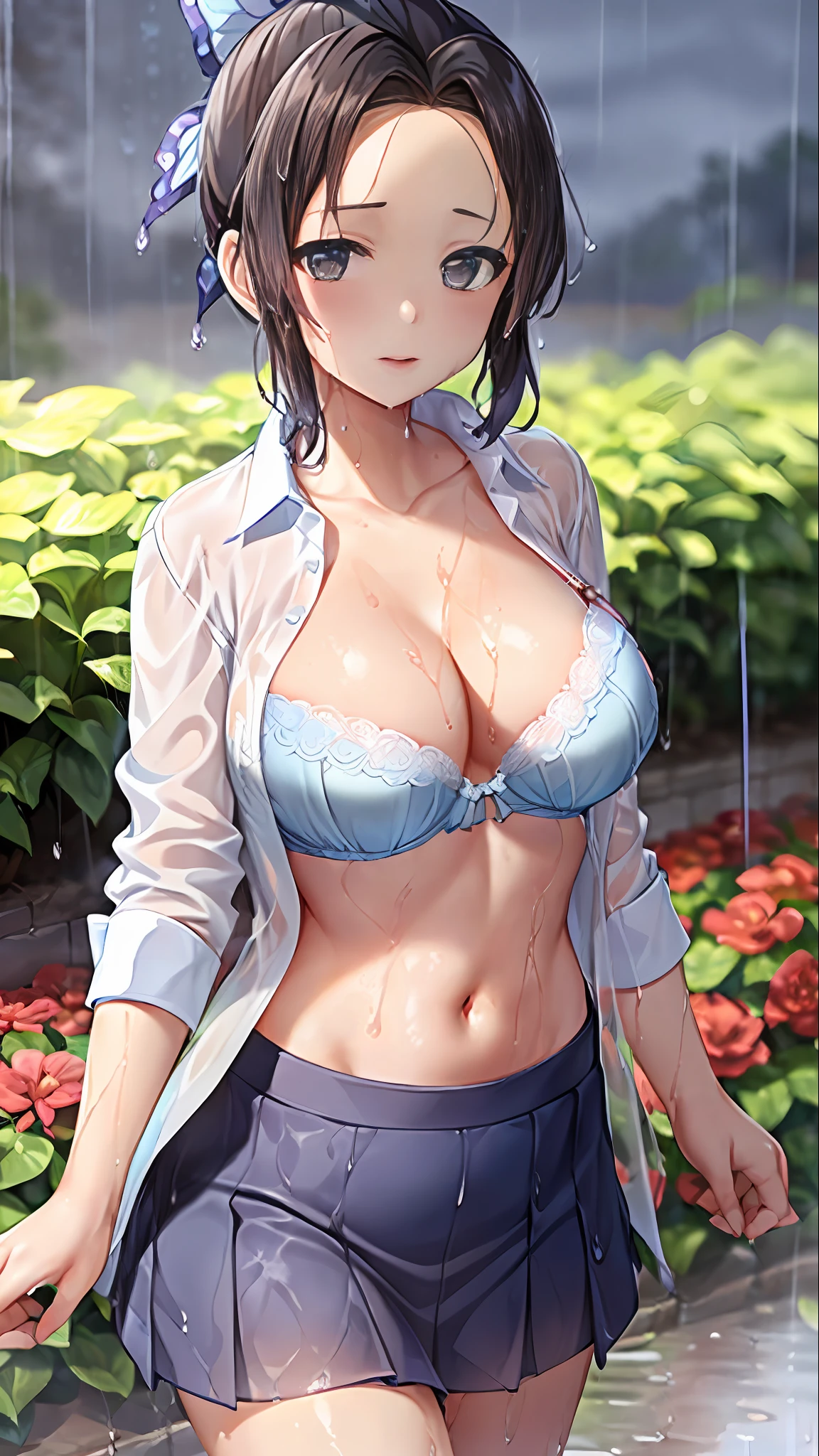 mmasterpiece, (best qulaity:1.3), 8K, wallpaper, depth of field, (1girl, hair ornament, (wet), (light blue bra:1.3), (unbuttoned shirt, open shirt:1.4), ((closed mouth)), outdoors, blush, garden, (rain, grey sky:1.3), ((big breasts, cleavage)), (collarbone), (navel), pleated skirt, short_sleeves, looking at viewer)