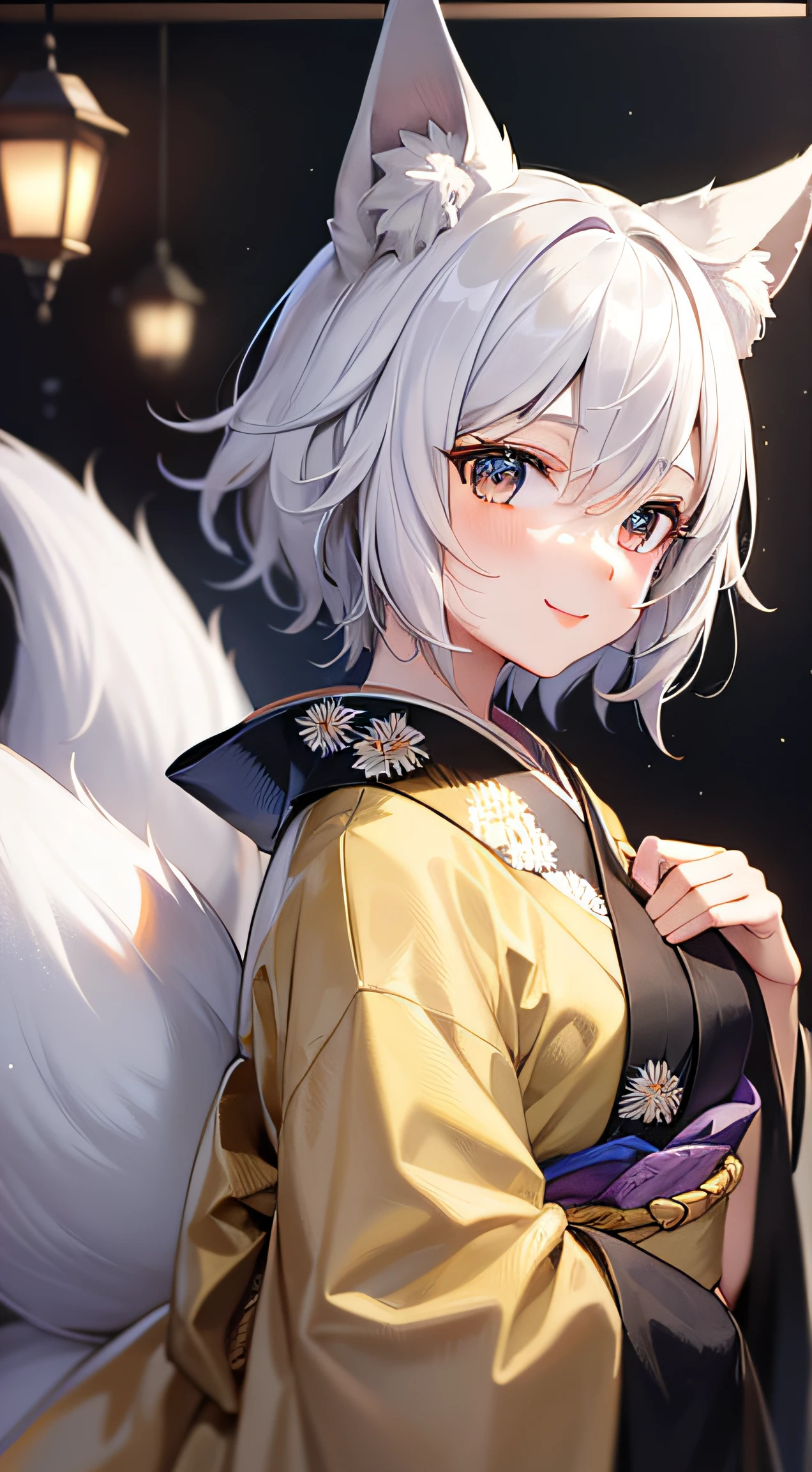 Adult woman, short white hair, Fox ears, Fox tails, golden eyes, black whites of the eyes, kimono, ssmile, Masterpiece, hiquality, clear background