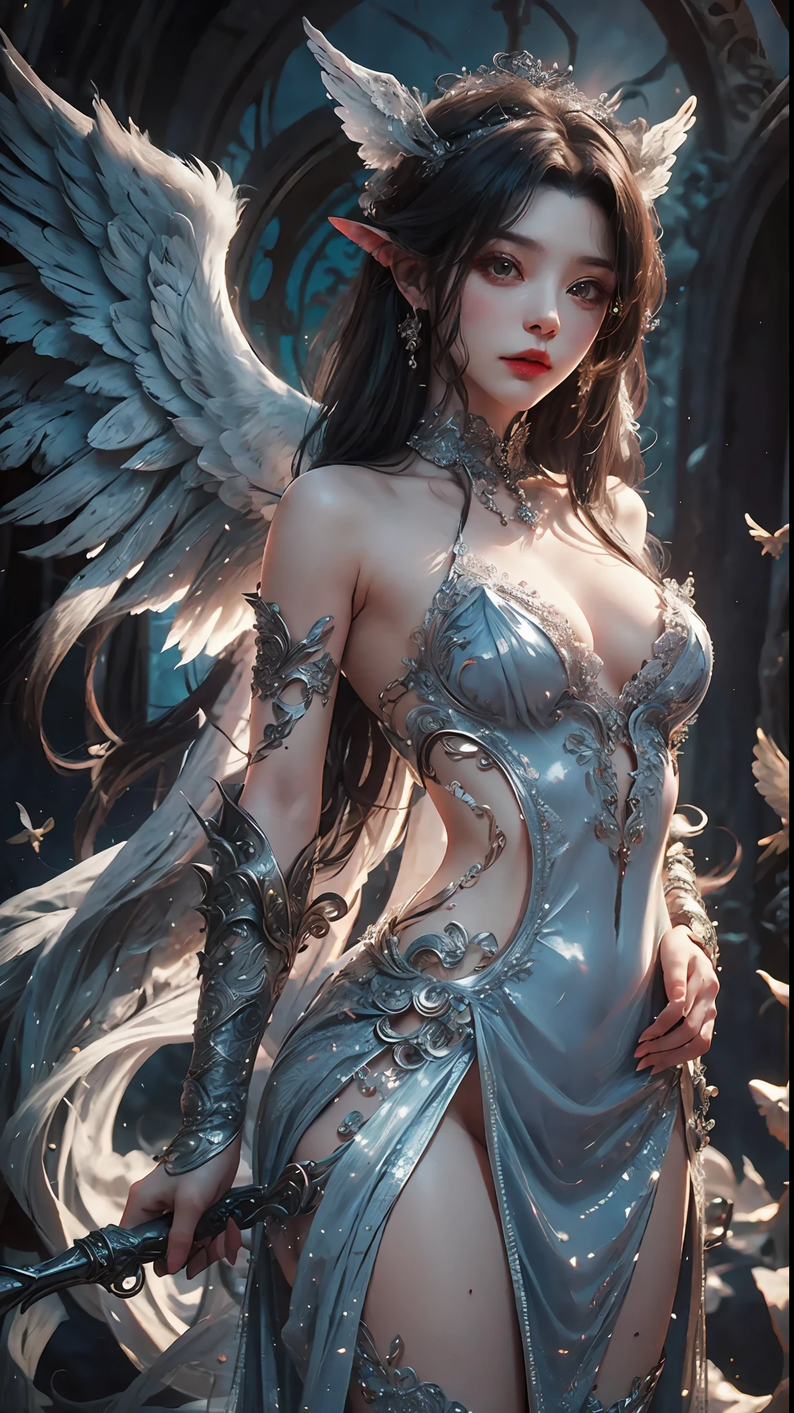 A young female vampire, beautiful, in a silver gown, cerberus in angel outfit, silver, realistic style - Variations (Strong) --auto --s2
