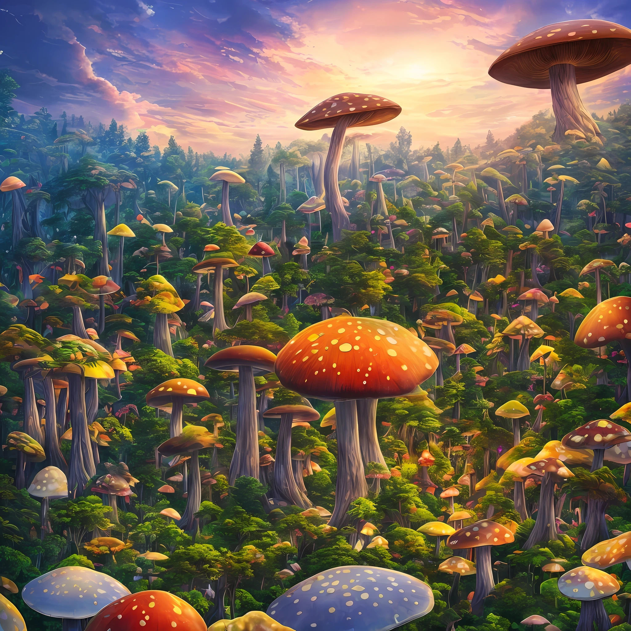 (A magical forest covered by many giant mushrooms and cannabis plantations. A technological spaceship flying through the sky.): 1.1, surreal, fantasy, vivid colors, high resolution, intricate details, dynamic perspective, molecular motion, dynamic lighting, volumetric effects, massive scale, virtual reality. --auto