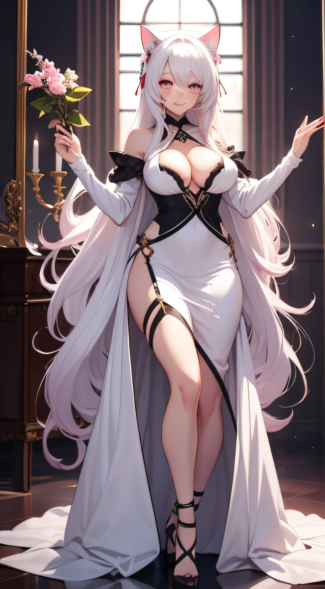 Adult female, Long white hair, pink eyes, cat ears, white gown, big chest, Lush breasts, Languid look, Smile Masterpiece, HighQuality, full body