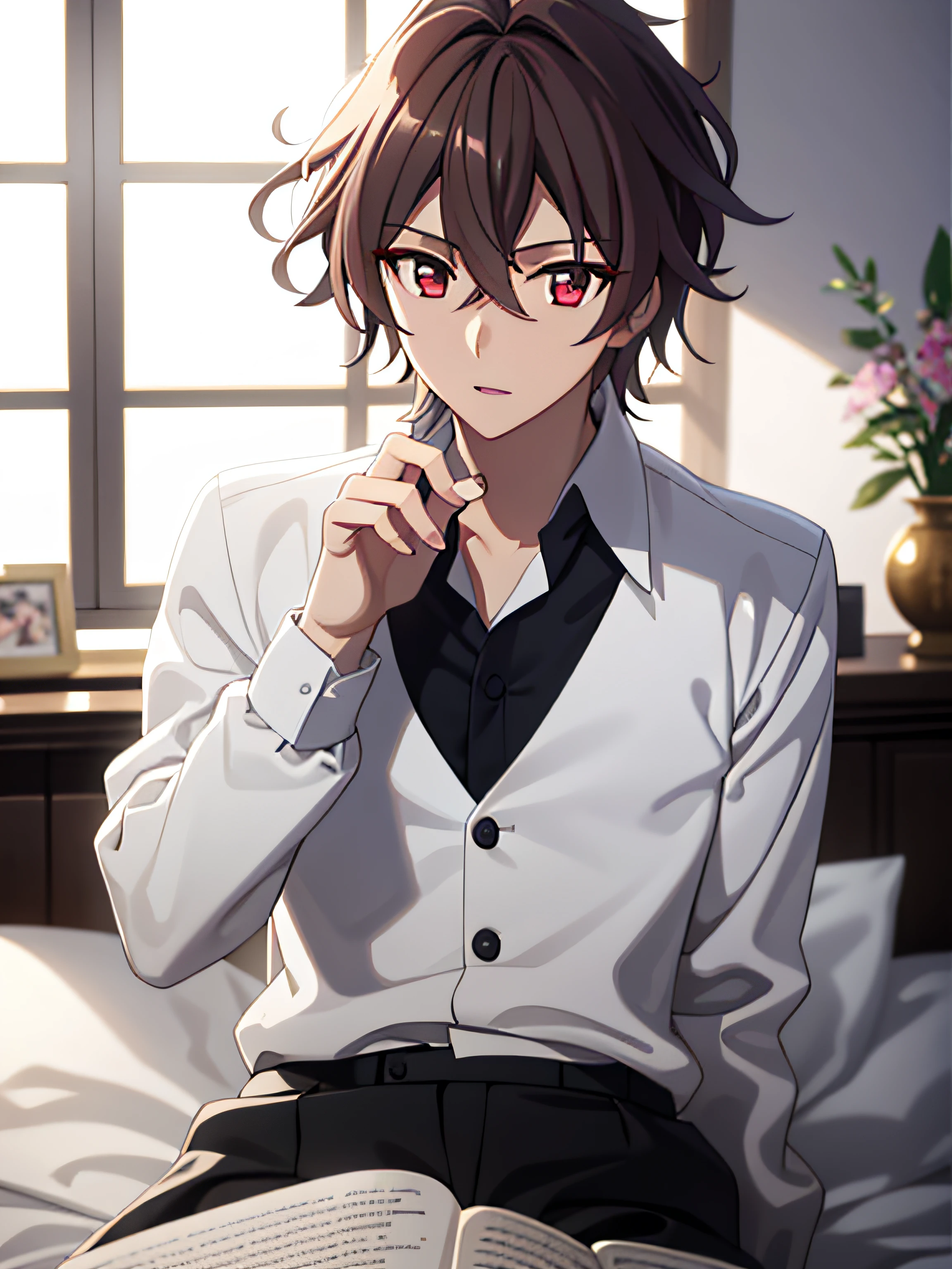 tmasterpiece, Best quality at best, high high quality, 1boy, 独奏, malefocus,The upper part of the body, sieg_fate,sobu,Bedroom lighting,Go to bed