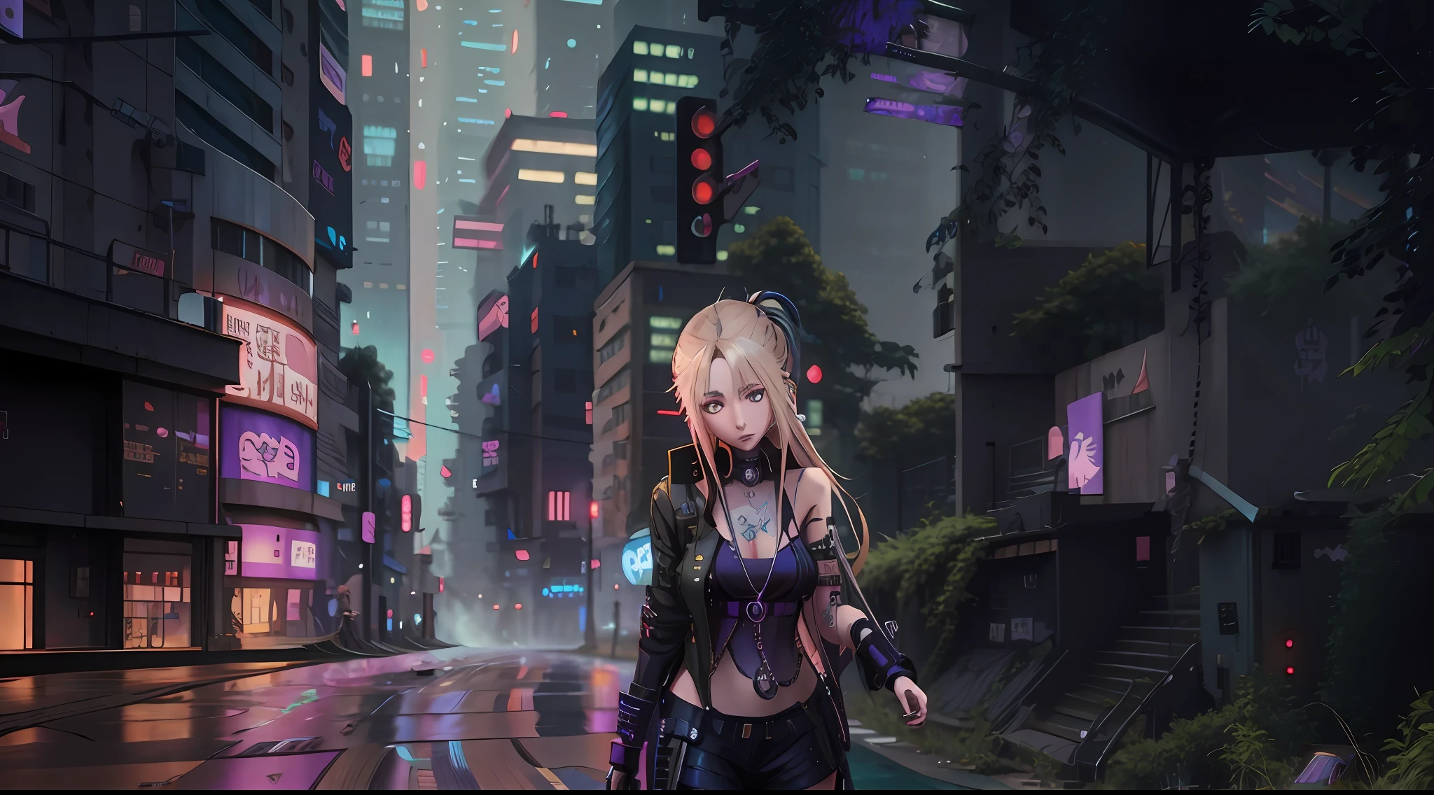 Anime girl with long blonde hair walking on city street, forest city streets behind her, anime style cityscape, Digital cyberpunk anime art, at cyberpunk city, anime cyberpunk art, gothic city streets behind her, Epic anime style, cyberpunk anime girl, Digital anime illustration, made with anime painter studio, anime styled digital art, Digital cyberpunk