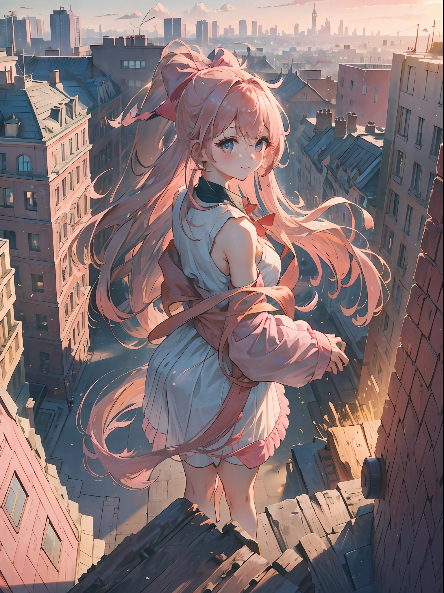 A girl with long pink hair and a bow in her hair stands in front of a clock building,1个Giant Breast Girl,exposed bare shoulders,little breast,buildings,城市,view over city,long whitr hair,looking at viewert,with pink hair,ssmile,独奏 --auto
