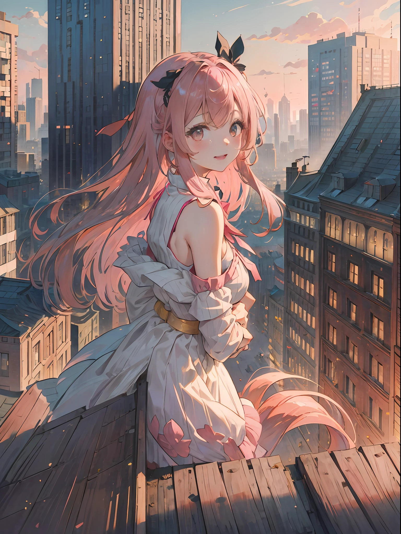 A girl with long pink hair and a bow in her hair stands in front of a clock building,1个Giant Breast Girl,exposed bare shoulders,little breast,buildings,城市,view over city,long whitr hair,looking at viewert,with pink hair,ssmile,独奏 --auto