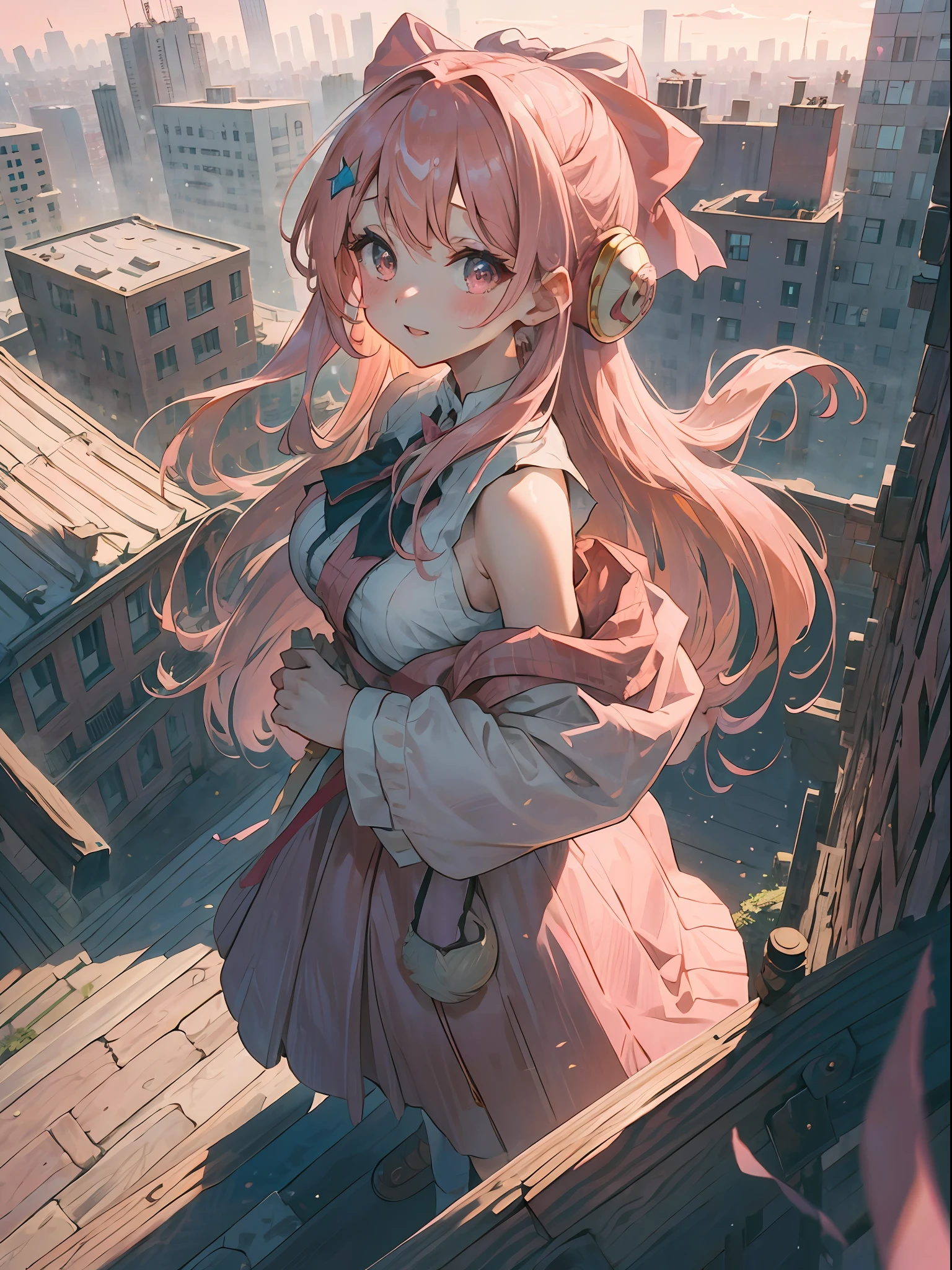 A girl with long pink hair and a bow in her hair stands in front of a clock building,1个Giant Breast Girl,exposed bare shoulders,little breast,buildings,城市,view over city,long whitr hair,looking at viewert,with pink hair,ssmile,独奏 --auto
