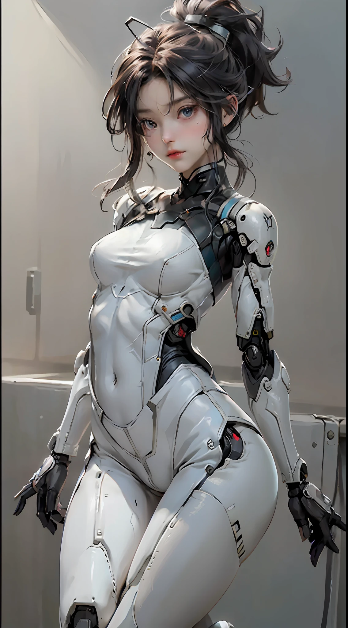 Extremely cute human eighteen year old girl face, human torso, human huge boobs, human abdomen, human hips, robotic arms, mechanical leg, arms and legs with hard white shiny shell and black joints, very beautiful and feminine, Short, Petite, tiny, tiny, busty buttocks, medium bust, cleavage display, flat belly display, partial helmet with antenna on the ear, black robot joints, very stylish, award-winning product design, black rubber tights, The shiny white metal breastplate opens at the cleavage and abdomen, the white metal buttocks are wrinkled, and the armor has stylish, glowing trims