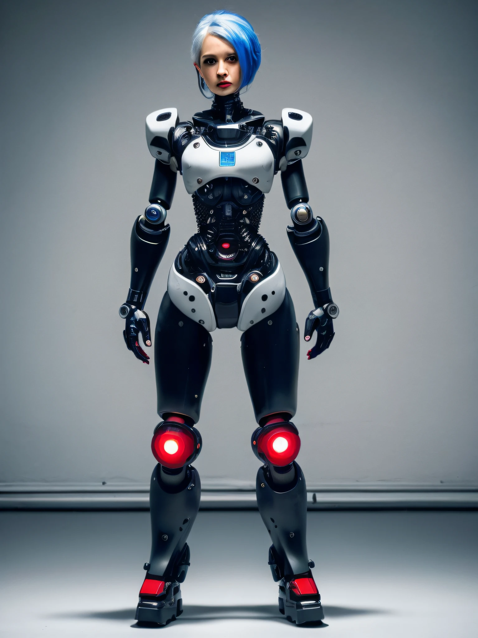 Portrait of a female cyborg with the appearance of a 25-year-old woman, robotic female face, electronic, detalhada, corpo estilo exoesqueleto, robotic feet, very short braided blue hair, tem o rosto perfurado machucado com sangue, bent arm pointing finger at camera, robotic feet, Its legs are robotic with a carbon fiber appearance, There's a deep round hole in the robotic shoulder, ombros altos, pernas de metal em fibra de carbono, buraco fundo redondo na coxa, abdomem perfurado, one of the eyes is a red LED lit, estilo exterminadora do futuro, adolescente pequeno, olhar sensual, Serious, sentada em um banco, pernas abertas, corpo sujo, sombra na parede; Ultra realista, cinemactic, (em Corredor livre, Branco, fundo e longo, luz clara e mal-humorada: 1.2), (foto de corpo inteiro).