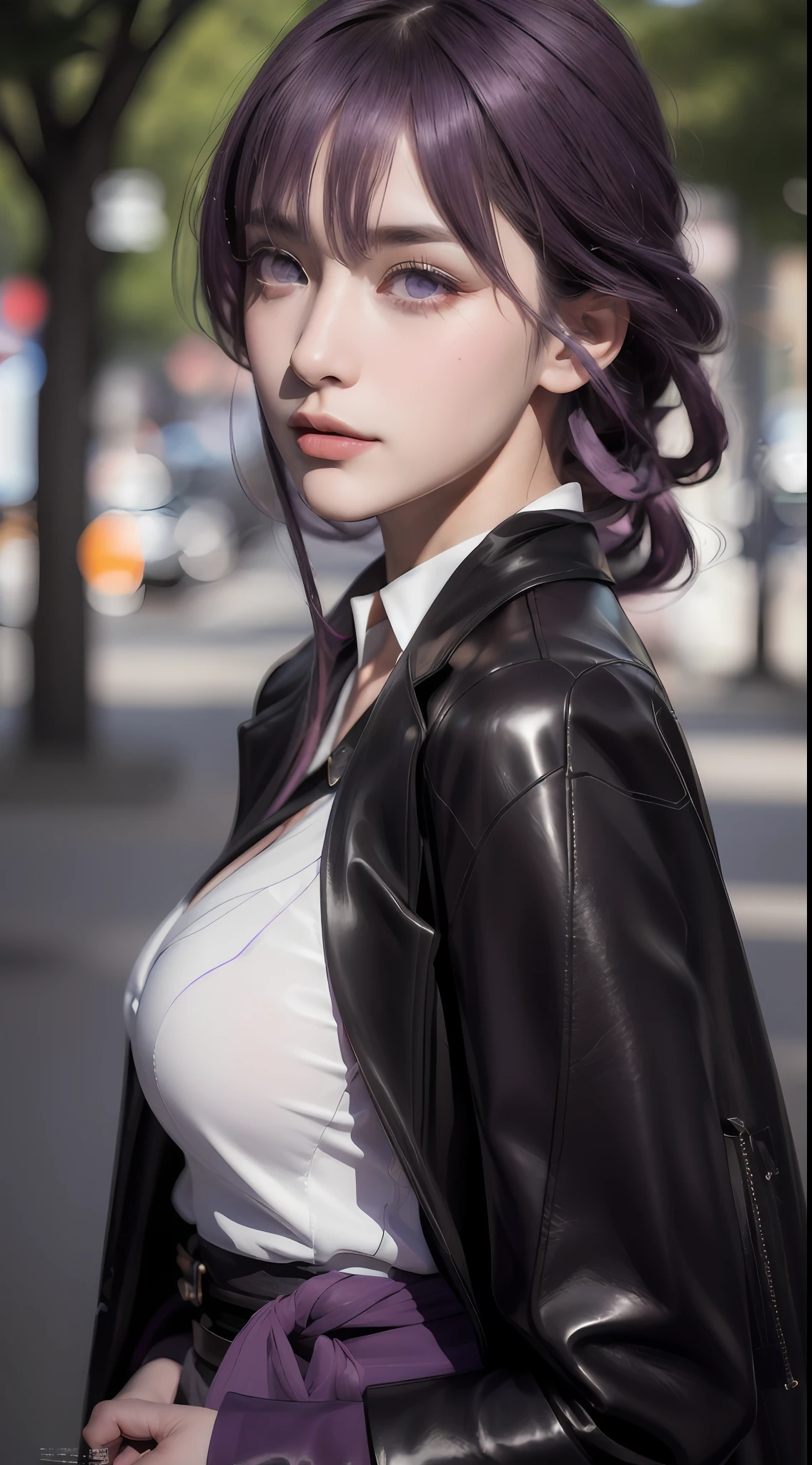 (photorealistic:1.4), raw photo, 1girl, purple eyes, purple hair, (eyewear on head), stellaron hunters outfit,  black jacket, jacket on shoulders, shirt, shorts, pantyhose, boots,deep shadow,  detailed face, detailed eyes, depth of field, bokeh, vibrant details, finely detailed, hyperrealistic, 35mm film, hazy blur,upper body,, masterpiece,ultra realistic,32k,extremely detailed CG unity 8k wallpaper, best quality