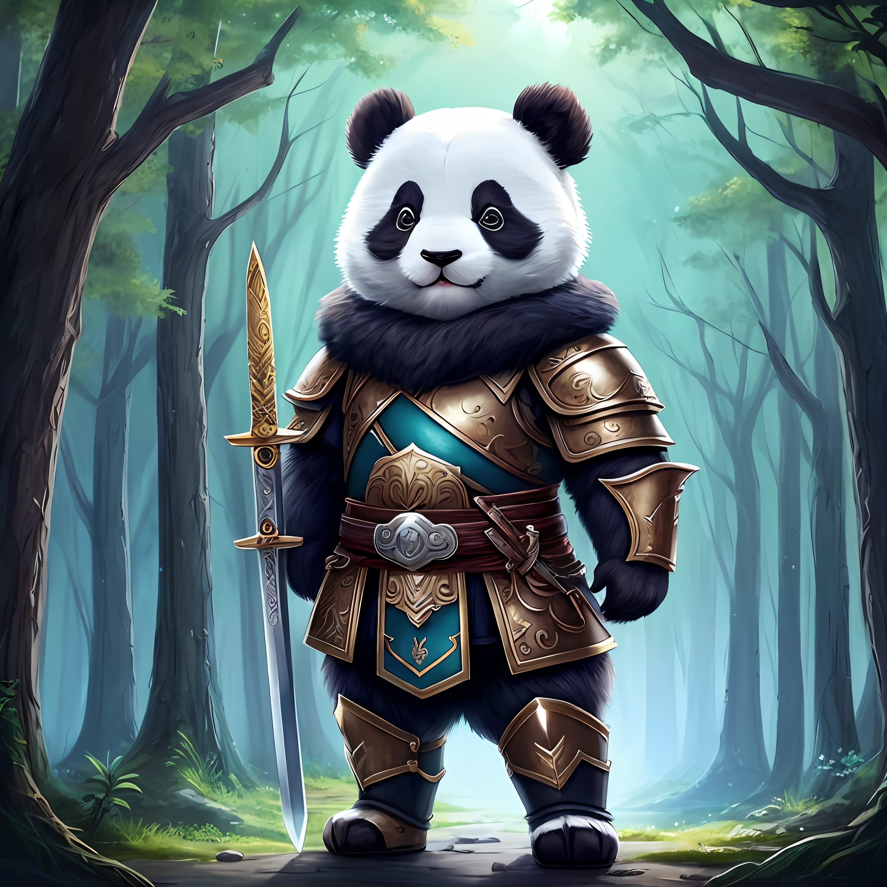 There is a panda,Wearing armor,Long sword in hand,charging forward,火焰,Cute detailed digital art,lovely digital painting,adorable digital art,cute anthropomorphic bunny,Cute 3d rendering,Lovely detailed artwork,adorable creature,Cute cartoon character,Cute little animals,cute artwork,beautiful digital artworks,dream animal cute eyes,cute forest creature,cute animal --auto