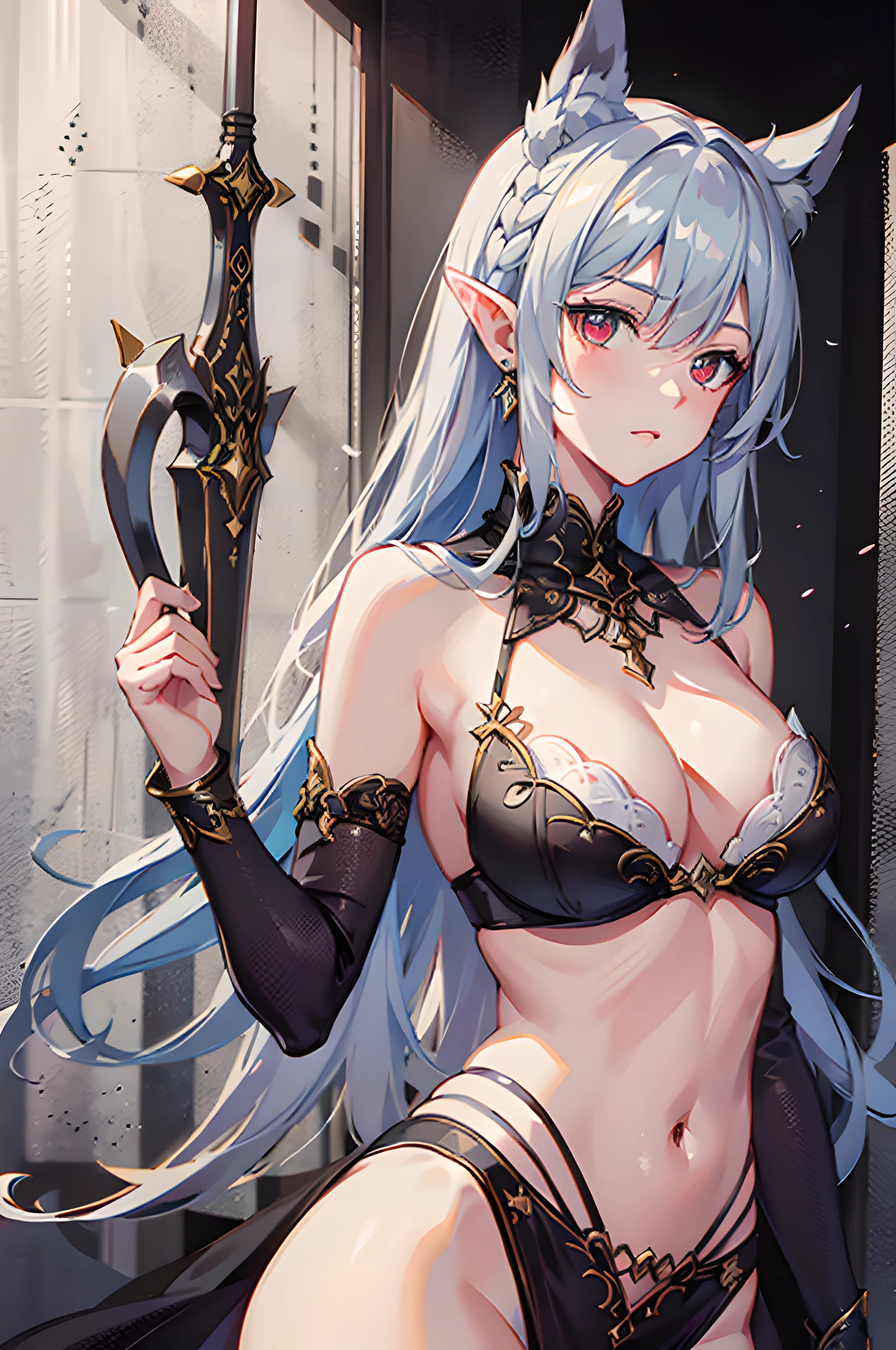 ((4K,tmasterpiece,best qualtiy)),maxiskit,((Dress boldly)) 1 rapariga,独奏,full bodyesbian,Wide shot,standing on your feet,clutching a sword,whaite hair,long whitr hair,elvish ears,valkyrie,armor,angelicales,White bra,side bang,from the front side,Oversized body,natta,mont,looki at viewer,(((red - eyed)))