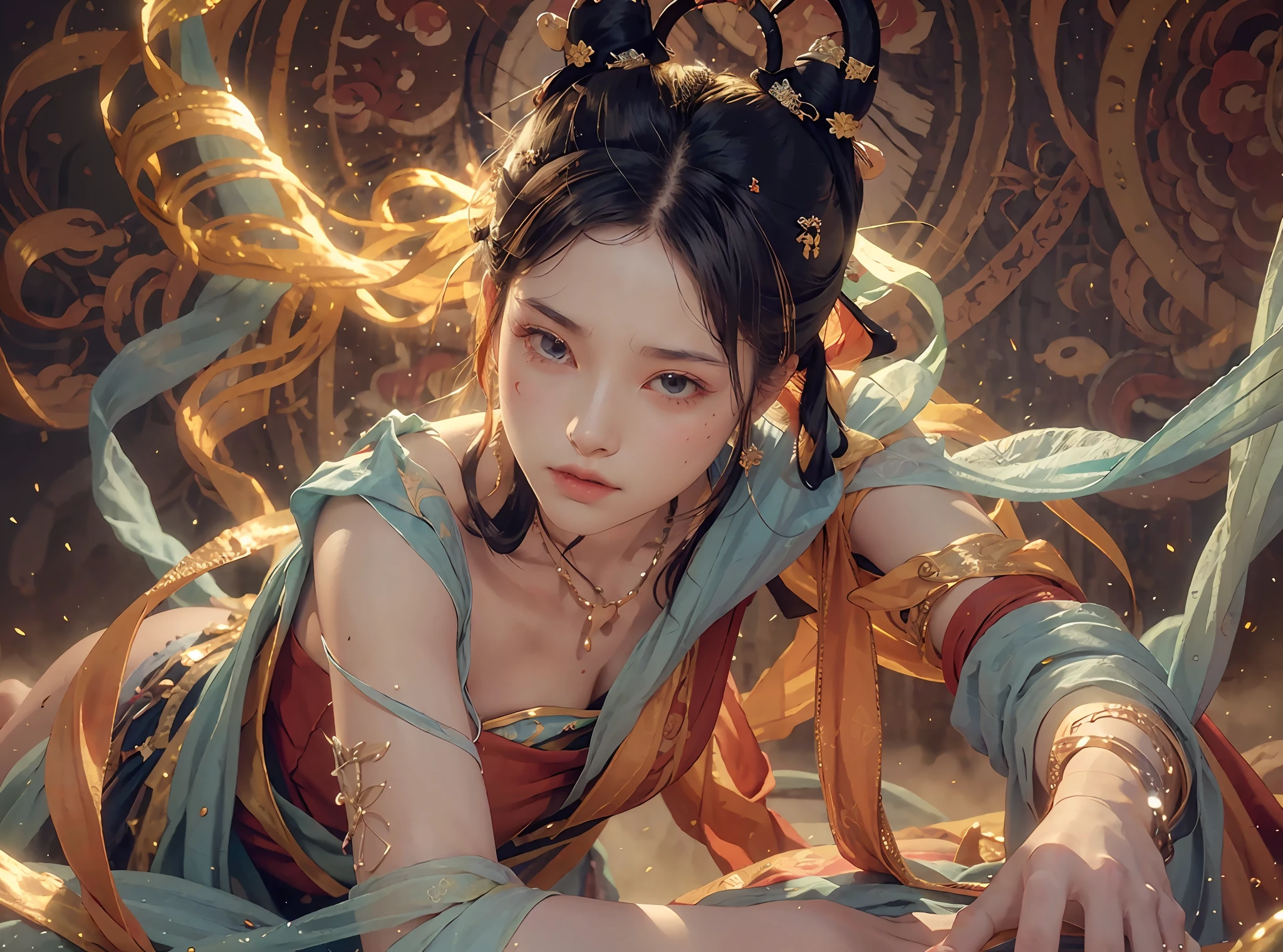 (RAW photos,best qualtiy),(realisticlying,photograph realistic:1.3),best qualtiy,highly detailed,tmasterpiece,hyper-detailing,illustratio,1girll,upper_body,dynamic angle,Masterpiece Theatre of the World,messy_long_hair,best qualtiy,extremely detailed CG unity 8k wal,ink,astounding,cinmatic lighting,lens_flare,,dunhuang_Style bust fullness