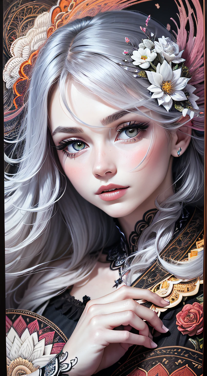 (((White Cloud Background))), (((High Saturation))), ((Surrounded by Color Splashes)))) Ultra Detailed, Beautiful and Aesthetic, Masterpiece, Best Quality, (Zentangle, Mandala, Tangled, Entangle), (Fractal Art: 1.3), 1girl, Very Detailed, Dynamic Angle, Cowboyshot, Most Beautiful Forms Chaotic, Elegant, Fauvist Design, Bright Colors, Romanticism, Michal Mraz, Adrian Ghenny, Petra Courtwright, atmospheric, ecstatic notes, flow notes visible