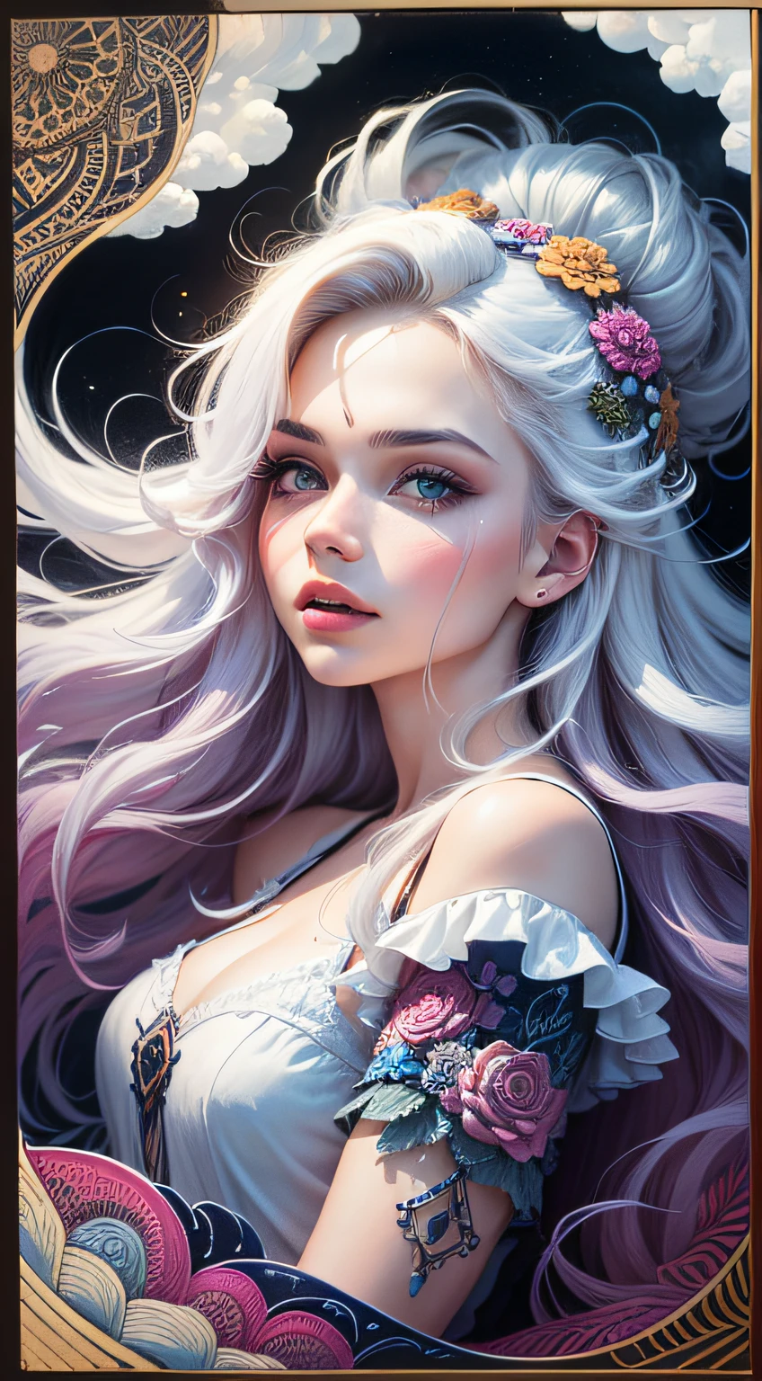 (((White Cloud Background))), (((High Saturation))), ((Surrounded by Color Splashes)))) Ultra Detailed, Beautiful and Aesthetic, Masterpiece, Best Quality, (Zentangle, Mandala, Tangled, Entangle), (Fractal Art: 1.3), 1girl, Very Detailed, Dynamic Angle, Cowboyshot, Most Beautiful Forms Chaotic, Elegant, Fauvist Design, Bright Colors, Romanticism, Michal Mraz, Adrian Ghenny, Petra Courtwright, atmospheric, ecstatic notes, flow notes visible