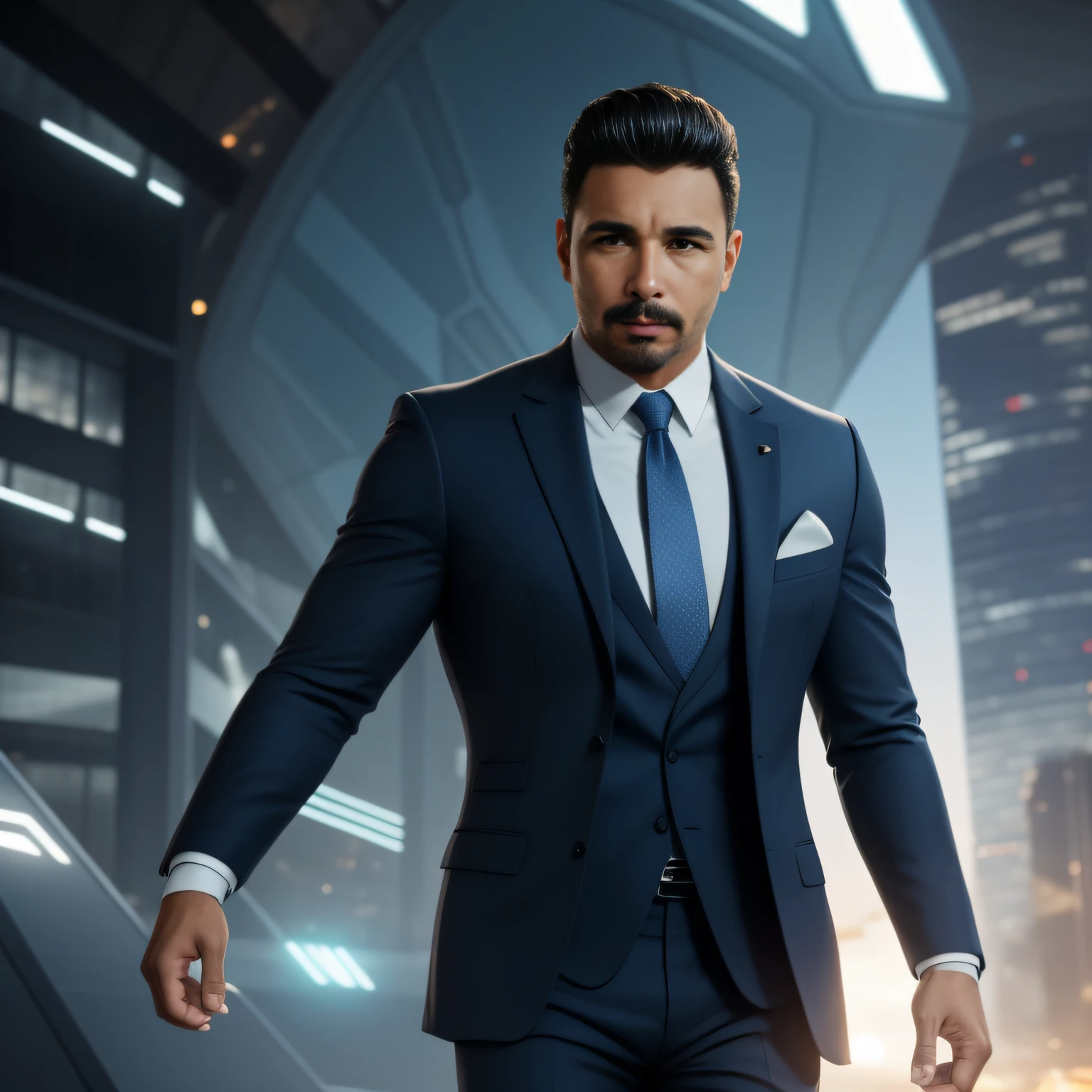A Latino man in a cinematic suit and tie in a realistic futuristic 8K setting