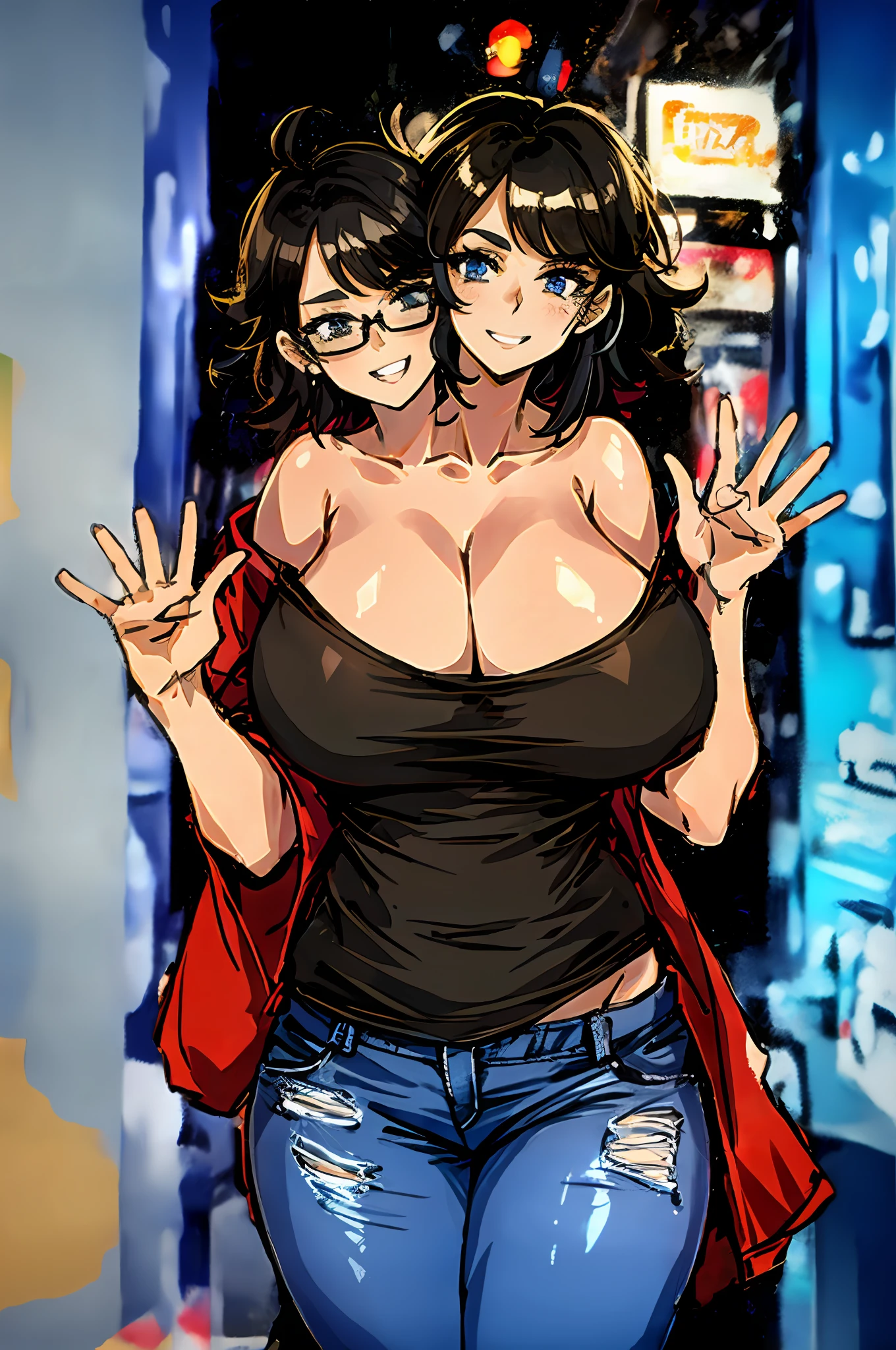 2heads, a short chubby woman with 2 heads. She has enormous breasts. She has messy hair. She looks nerdy. She is wearing a baggy hoodie and jeans. She is in an arcade that is only lit by arcade games. She looks excited. Her breasts are gigantic. She has firm and round breasts. She is wearing a very tight t-shirt with a low-cut neckline.