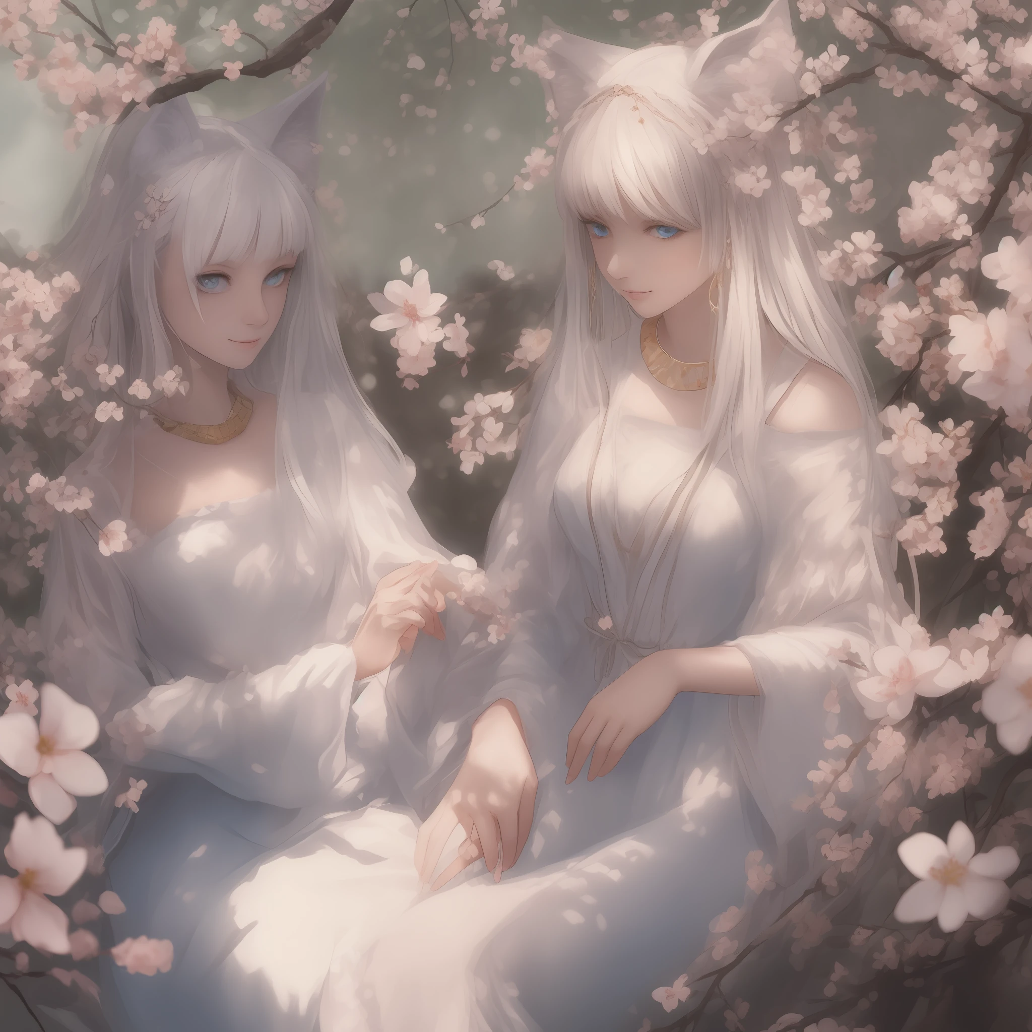 Blue-eyed girl, with white fox ears, long snow-white hair, jewelry in her hair, ancient Egypt, smirk, one girls, Cherry blossom branch, light blue dress. --auto