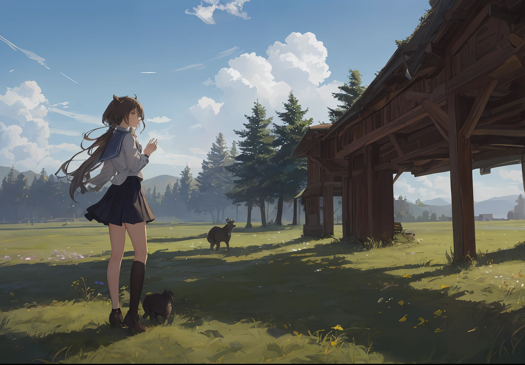 octane， Douluo Continent Little Dance， scenecy， exteriors， 独奏， Clouds， Skysky， long whitr hair， daysies， The tree， Eau， blue-sky， Reflectors， naturey， mostly cloudy sky， grassy， standing on your feet， shift dresses， ln the forest， a skirt， brunette color hair， fanciful.