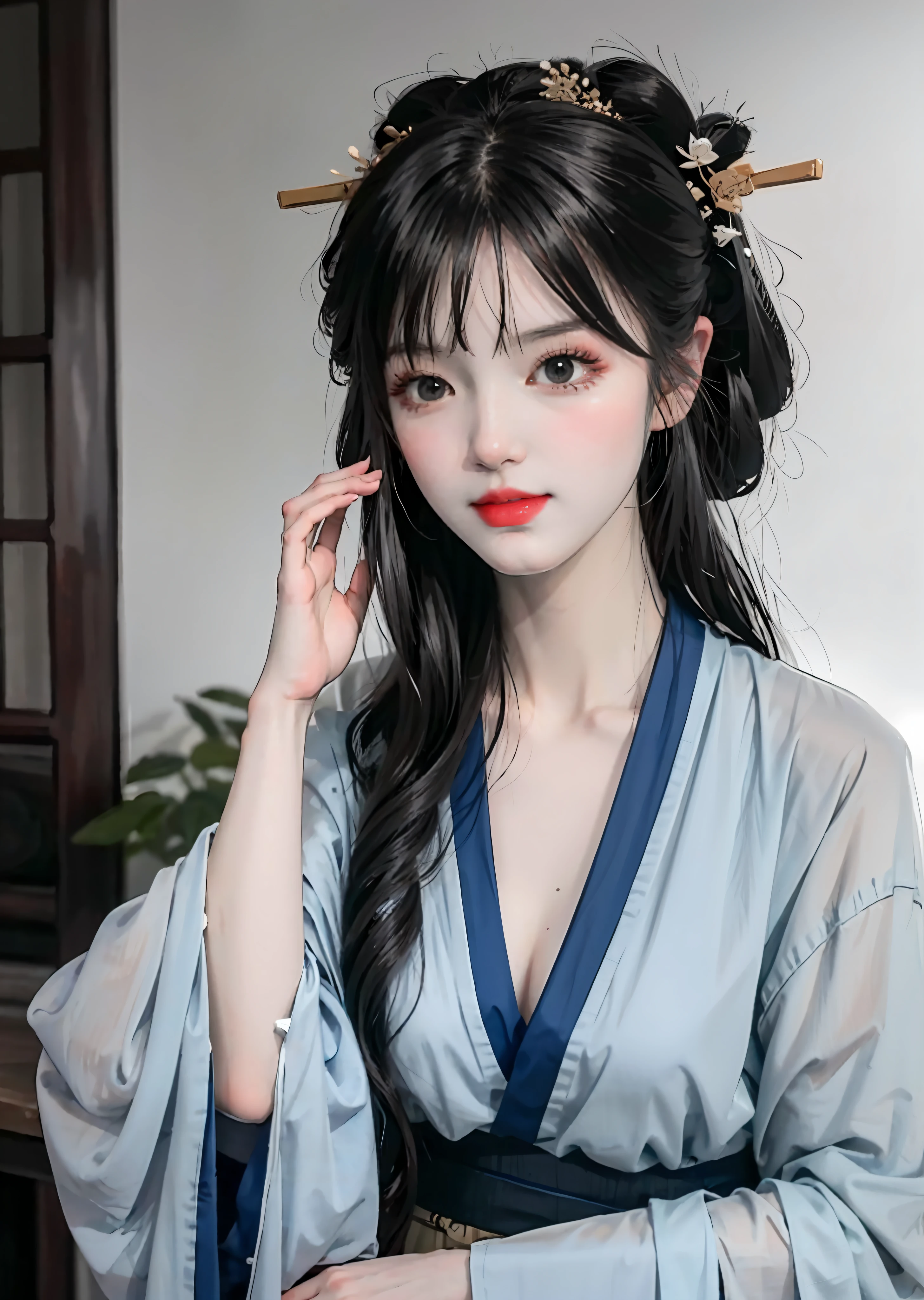 There is a woman posing for a photo in Hanfu, Expose large, Long bangs, Close your eyes, with acient chinese clothes, Japanese clothes, Wearing ancient Chinese clothes, Palace ， A girl in Hanfu, Traditional Chinese clothing, pale and coloured kimono, Chinese costume, traditional geisha clothing