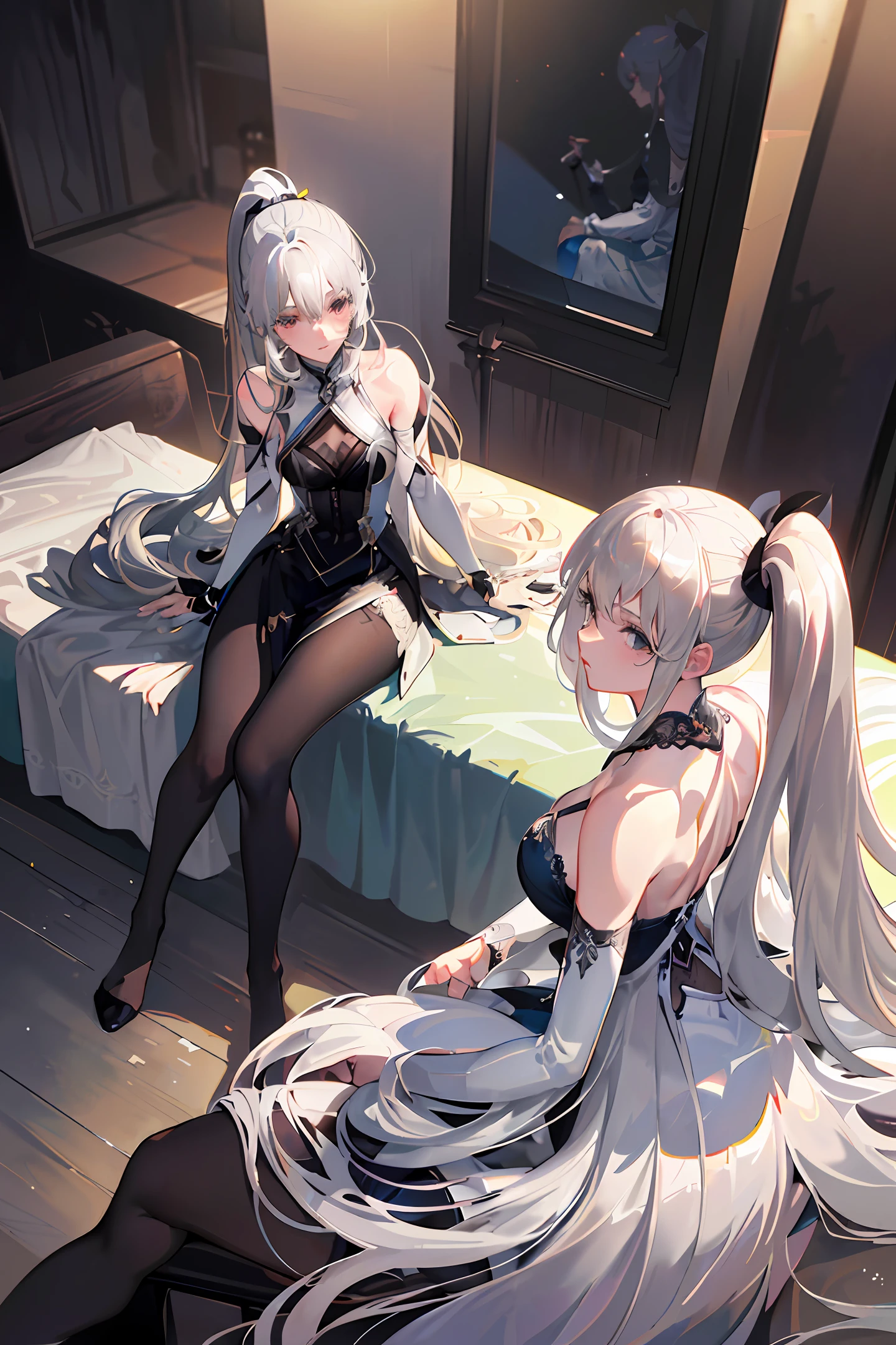 (((1 girl)),ray tracing,(dim lighting),[detailed background (bedroom)),((silver hair)),((silver hair)),(Fluffy silver hair, plump and slender girl))) with high ponytail))) Avoid golden eyes in the ominous bedroom ((((Girl wears a white shirt, black wrinkled skirt with black transparent pantyhose), showing a delicate slim figure and graceful curves, correct limbs, sitting on the bed with hands behind her head, Put both hands behind your head