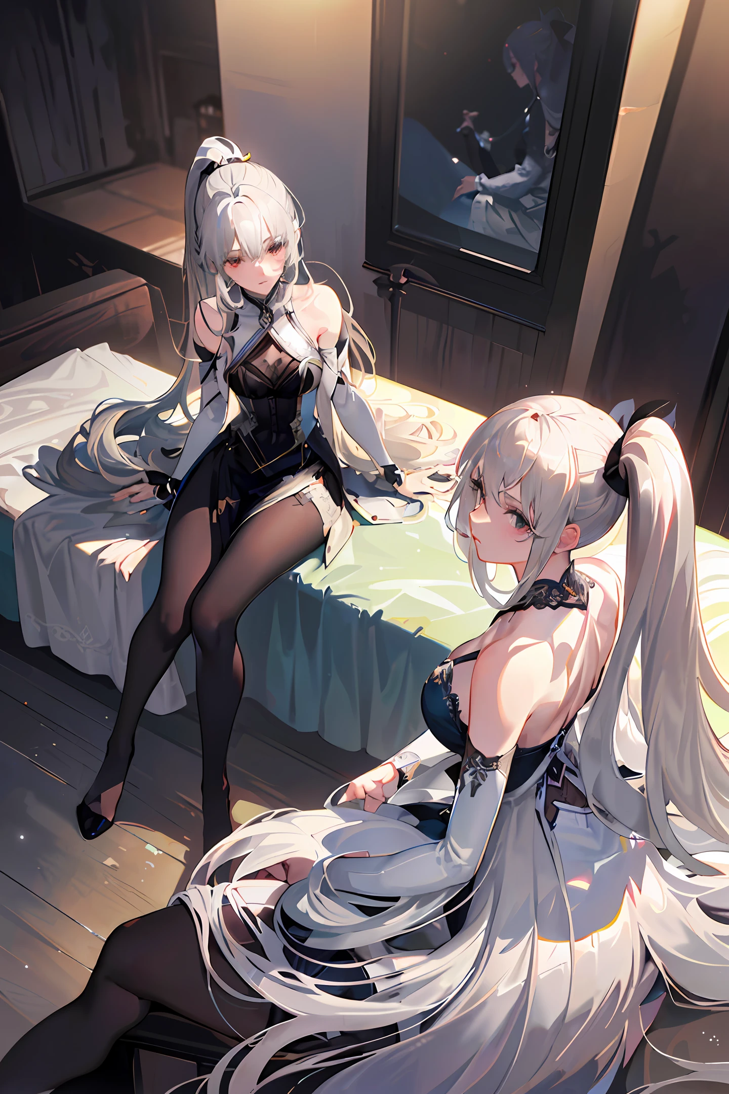 (((1 girl)),ray tracing,(dim lighting),[detailed background (bedroom)),((silver hair)),((silver hair)),(Fluffy silver hair, plump and slender girl))) with high ponytail))) Avoid golden eyes in the ominous bedroom ((((Girl wears a white shirt, black wrinkled skirt with black transparent pantyhose), showing a delicate slim figure and graceful curves, correct limbs, sitting on the bed with hands behind her head, Put both hands behind your head