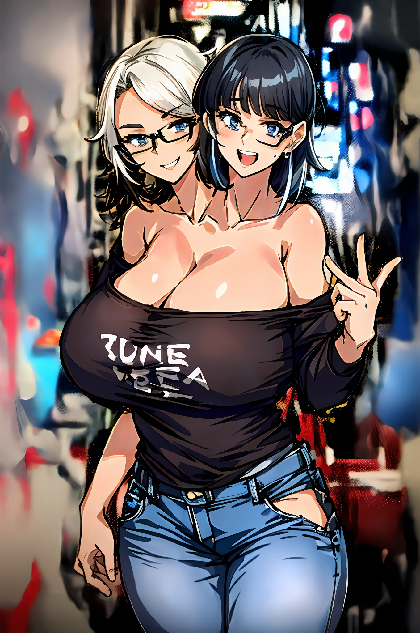 2heads, a short chubby woman with 2 heads. She has enormous breasts. She has messy hair. She looks nerdy. She is wearing a baggy hoodie and jeans. She is in an arcade that is only lit by arcade games. She looks excited. Her breasts are gigantic. She has firm and round breasts. She is wearing a very tight t-shirt with a low-cut neckline.