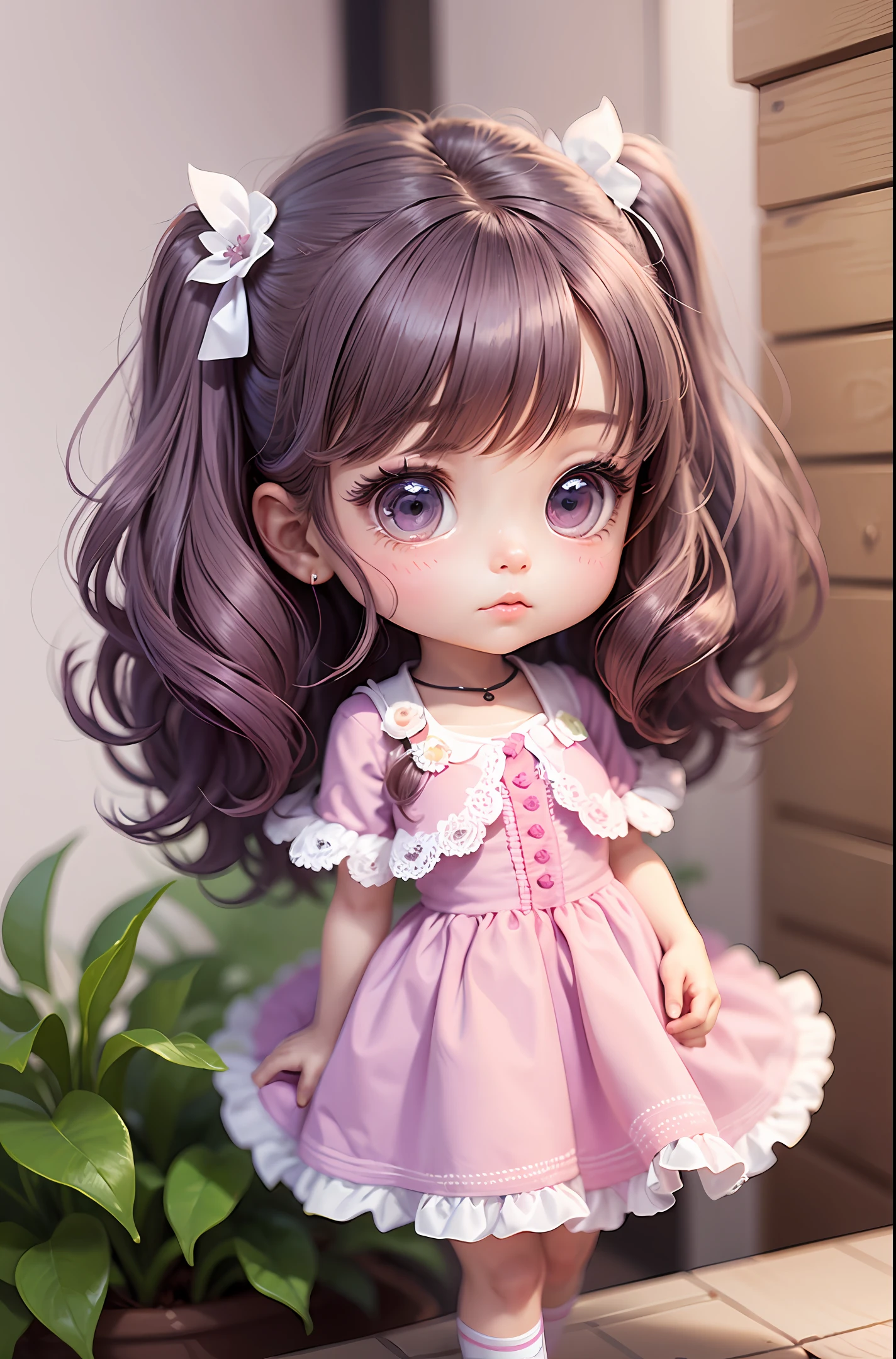 an illustration of a Chibi-style girl in a lilac and pink dress rendered by Pixar on a white background, 16k, highly rendered, nursery artwork --auto --s2