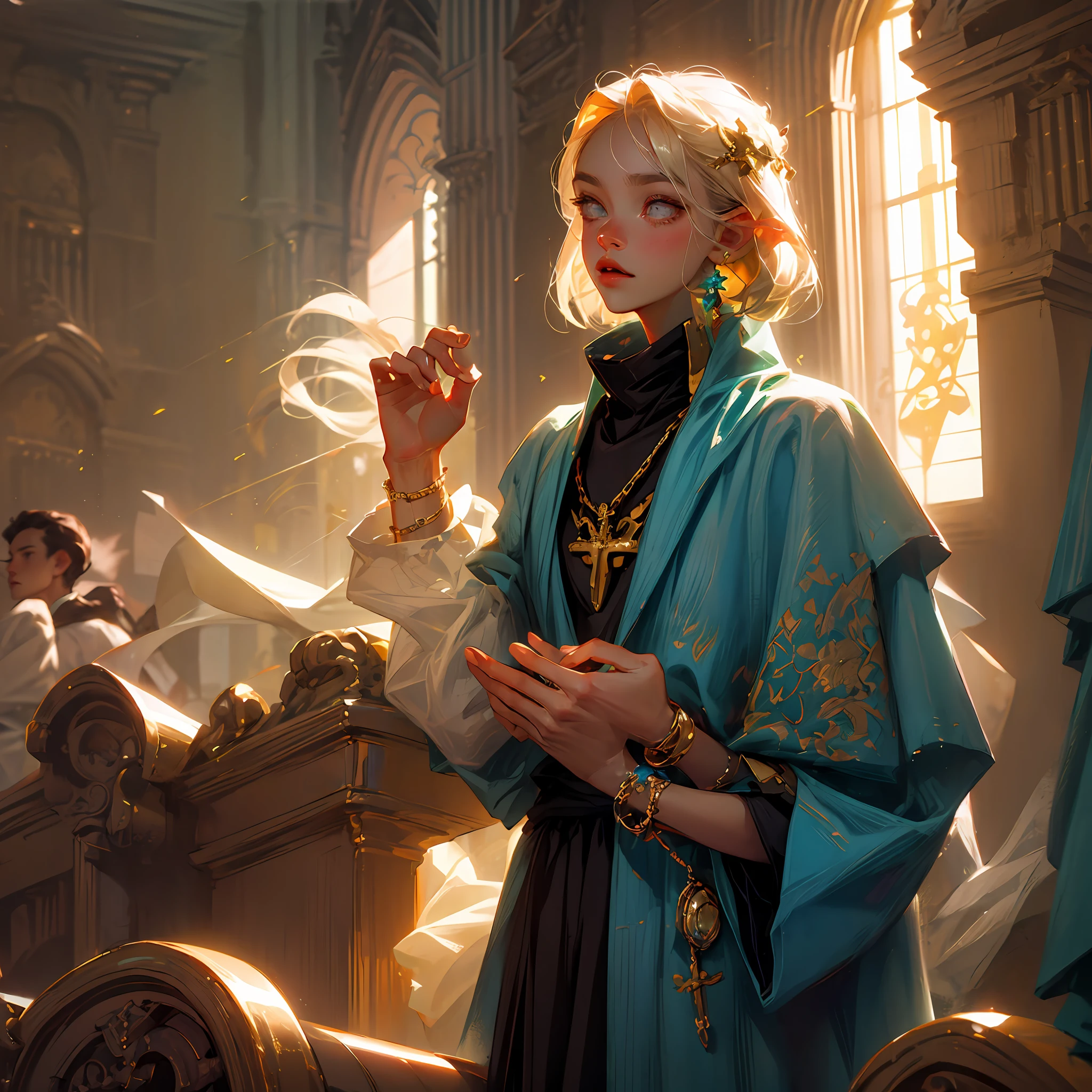 golden and gray eye, light magic, medium-length hair, jewelry in her hair, ring bracelet on the arm, bishop, priest, gold background, Confident gaze, ssmile, full length, animification, magic, Warm light from the body, The eldest in the church, A girl, blonde woman, hands up, A star overhead in gold, The light from the book, A book in front of a girl, Holy Text, Holy, a goddess. --auto