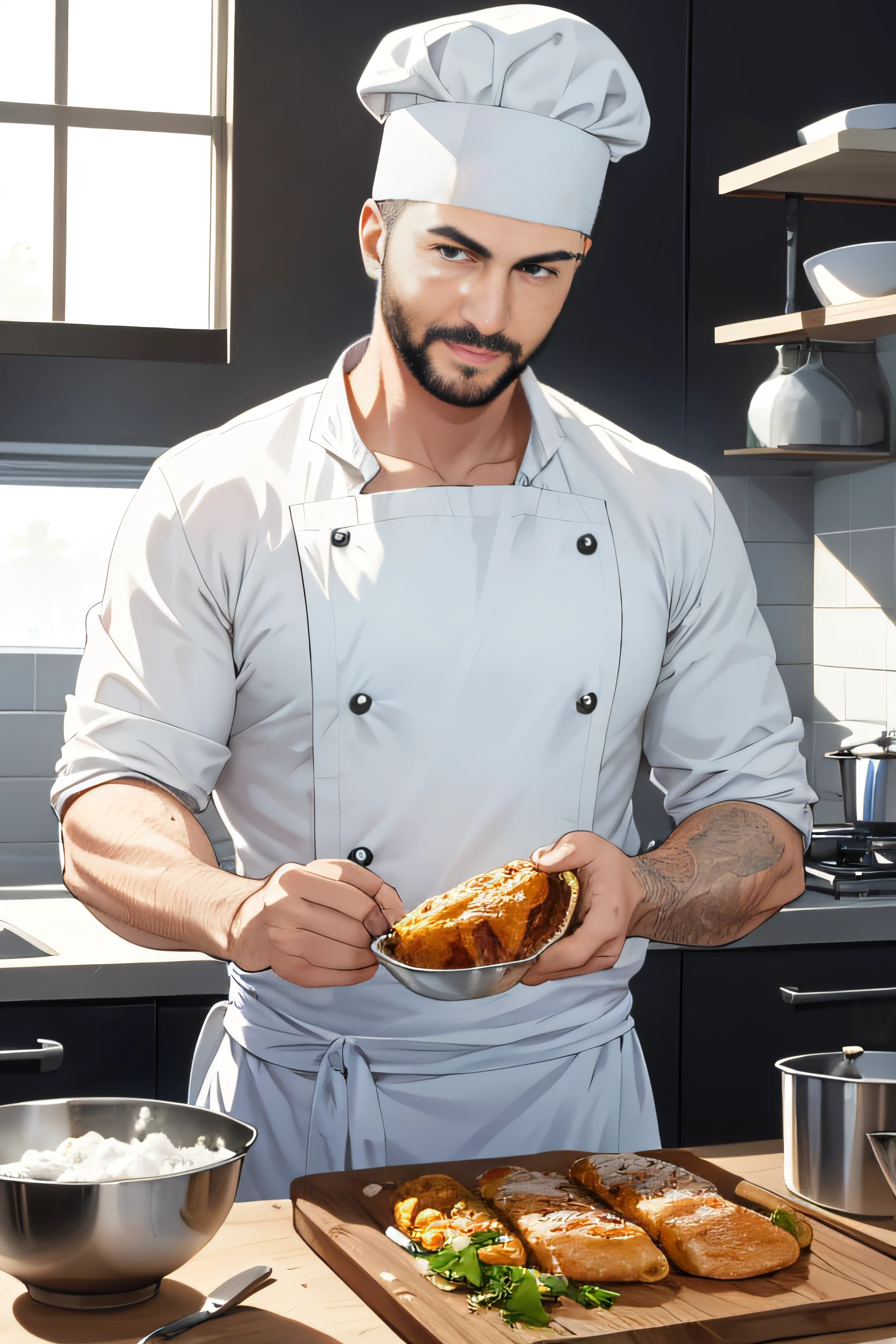 There's a man in a chef's hat in a kitchen, wearing white chef hat, melhor chef, foto de perfil headshot, imagem de perfil, cozinhar, vestido como um chef pasteleiro, Cantor Maluma, cooking show, lorenzo vitturi, Condutor de Ene, Sam Nassour, inspirado em Volkan Baga, inspired by Antonín Chittussi, foto de perfil