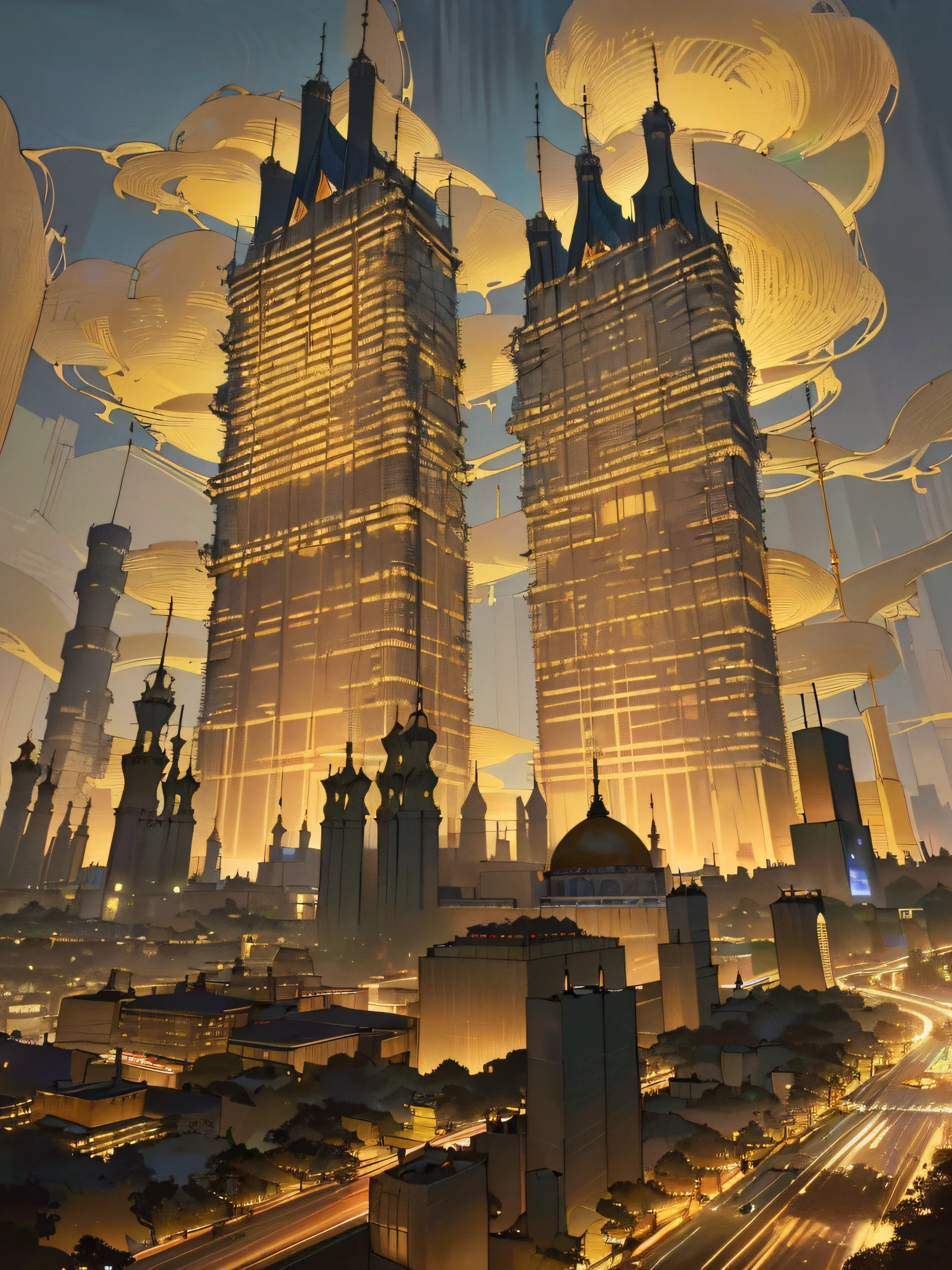 ((Good picture quality,Pubic area is clear),(nighttime scene),(Sony Alpha 9+Sony A7R camera),(Twin towers)and((golden towers:1.2)or(with towers))and(High-rise buildings)and(Dense pavilions)),(skybridge towers)and((Tall structures:1.2)or(High-rise buildings)),(night life buildings)and(High windows)and(Towers),(Neat building)and(the street)。