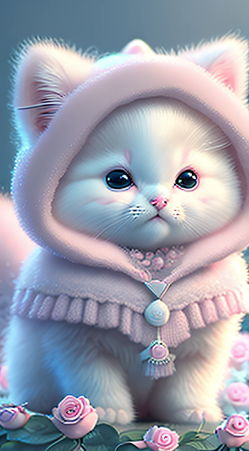 Nesta arte CG ultra-detalhada, Cute pink kittens surrounded by ethereal roses, risos, melhor qualidade, alta resolução, detalhes intrincados, fantasia, animais bonitos, roxo, humorous, boca aberta, 8k, olhar comovente.