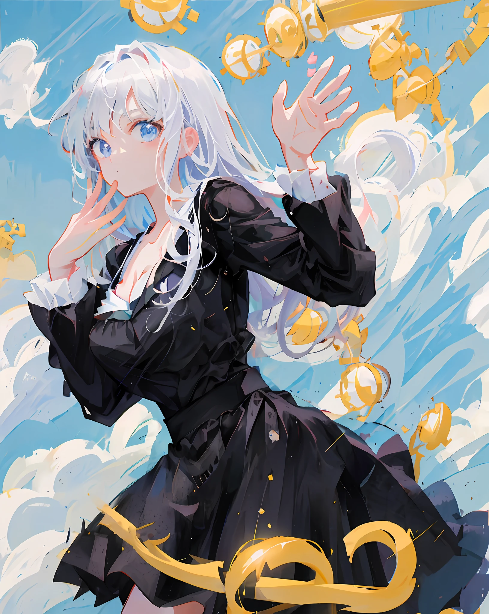 Anime girl wearing black dress, Anime girl wearing black dress, Girl with white hair , whaite hair,Petite figure,nedium breasts,cleavage,adolable,Impeccable,animemanga girl, Anime art wallpaper 8 K, style of anime4 K, white hair floating in air, loli in dress, trending on artstation pixiv
