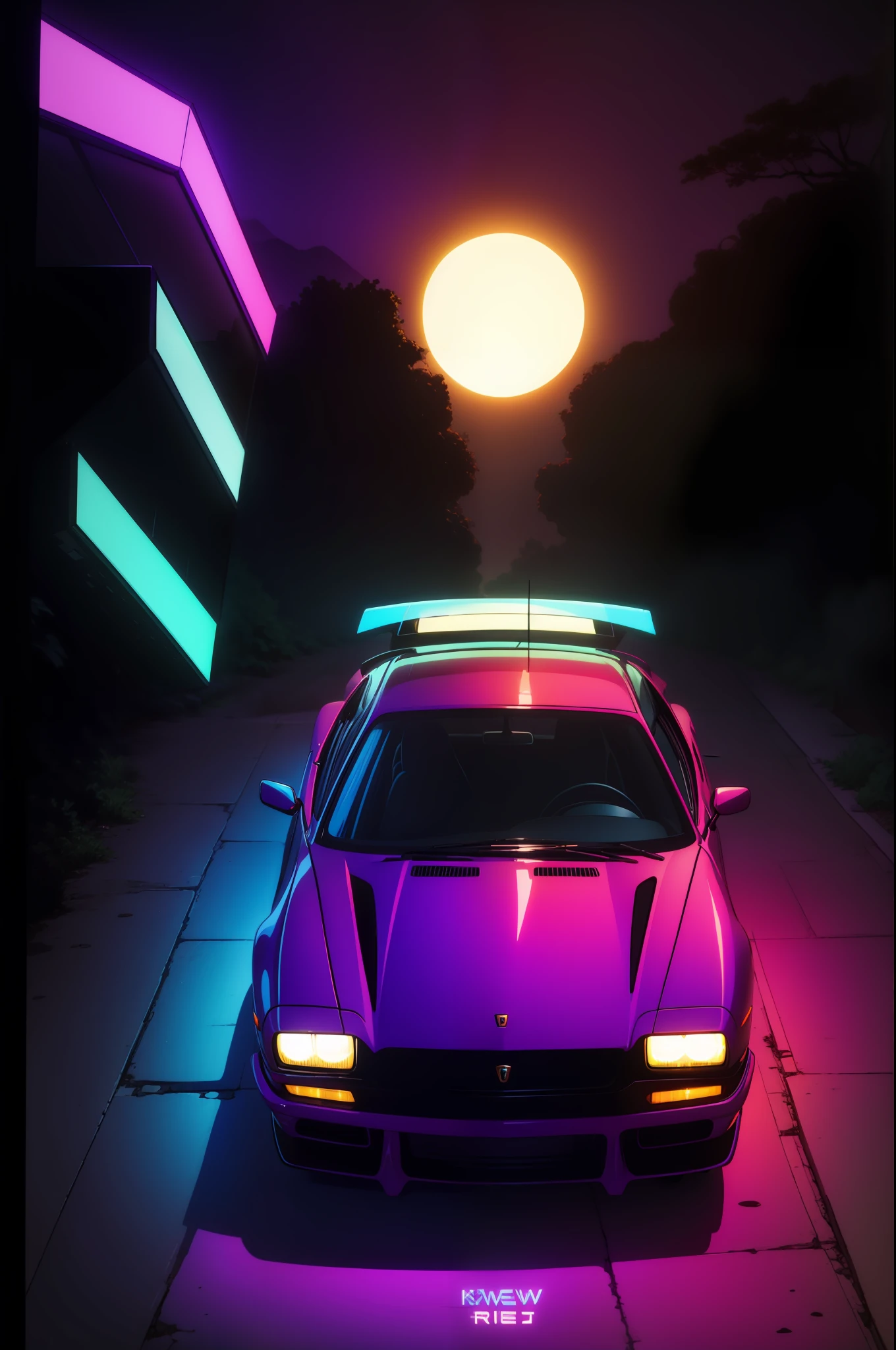retrowave。城市， Car Lamborghini counts， pathway， Neon purple and blue， Neon night sun， mont， （tmasterpiece， A detailed， A high resolution）， Light sloppy， Antique vinyl cover effect， 8K， 80s， CD cover， Professional art projects， ultra-detailliert， synthetic wave， Vintage electronics， Kavinsky， By the new retro wave，synthwave